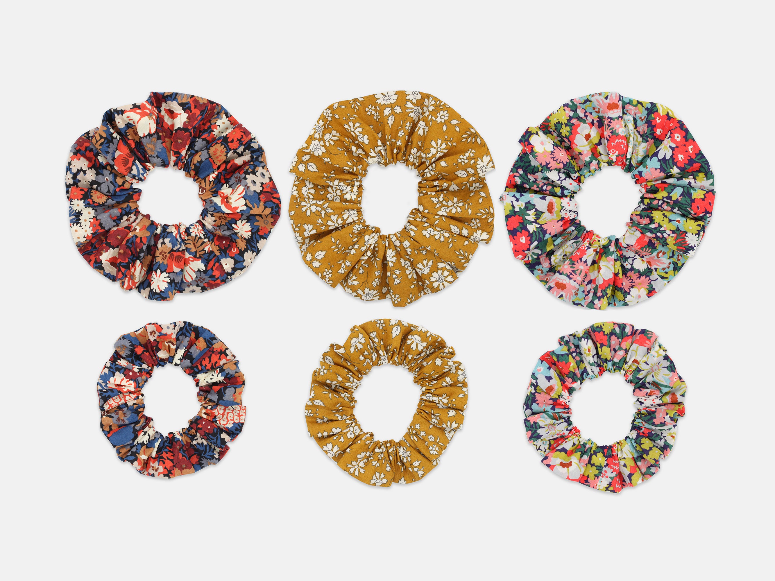 Liberty Print Scrunchie Gift Box, Set of 3, Golden Blooms collection. Showing comparison of large and medium scrunchie sizes | Holme & Moss
