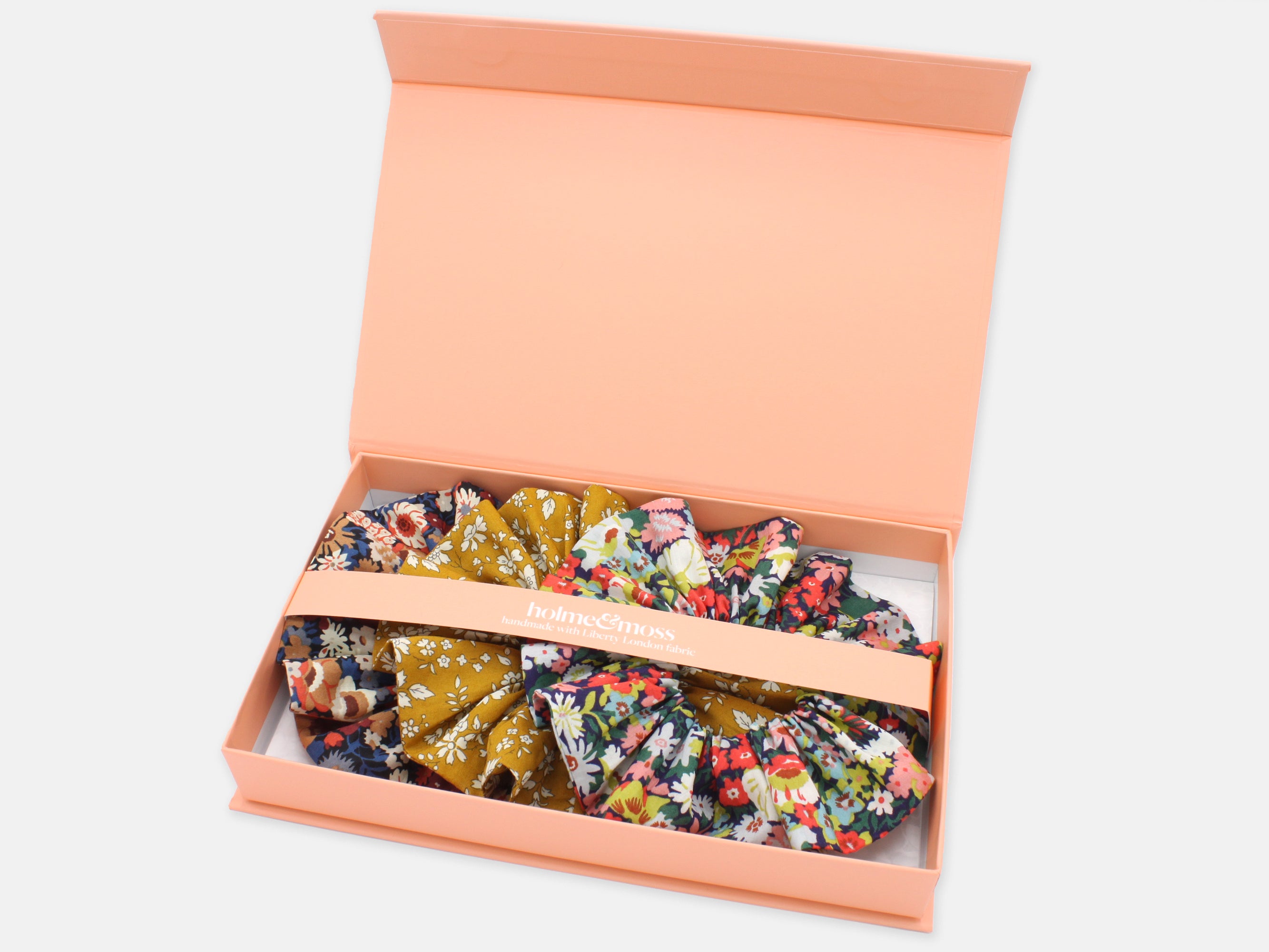 Liberty London Print Scrunchie Gift Box, Set of 3, Golden Blooms Collection, Large | Holme & Moss