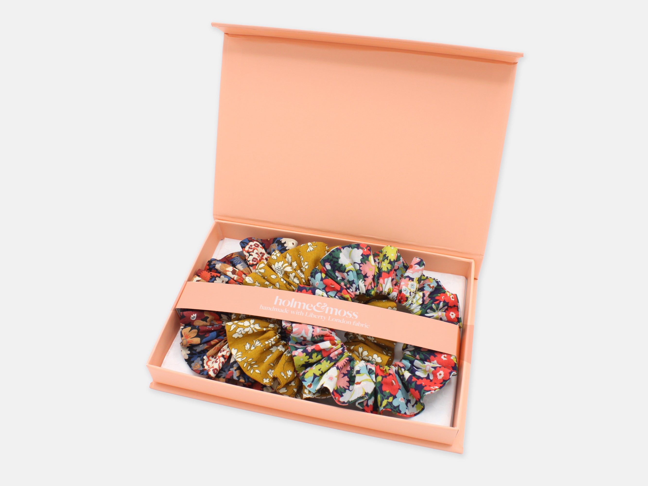Liberty London Print Scrunchie Gift Box, Set of 3, Golden Blooms Collection, Medium | Holme & Moss