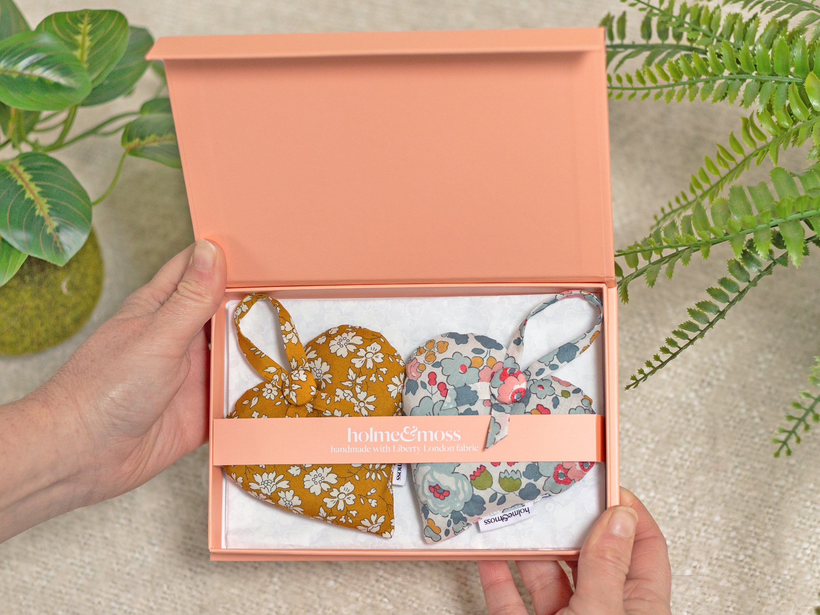 Liberty Print Lavender Heart Gift Box, Set of Two, English Mustard Collection | Holme & Moss