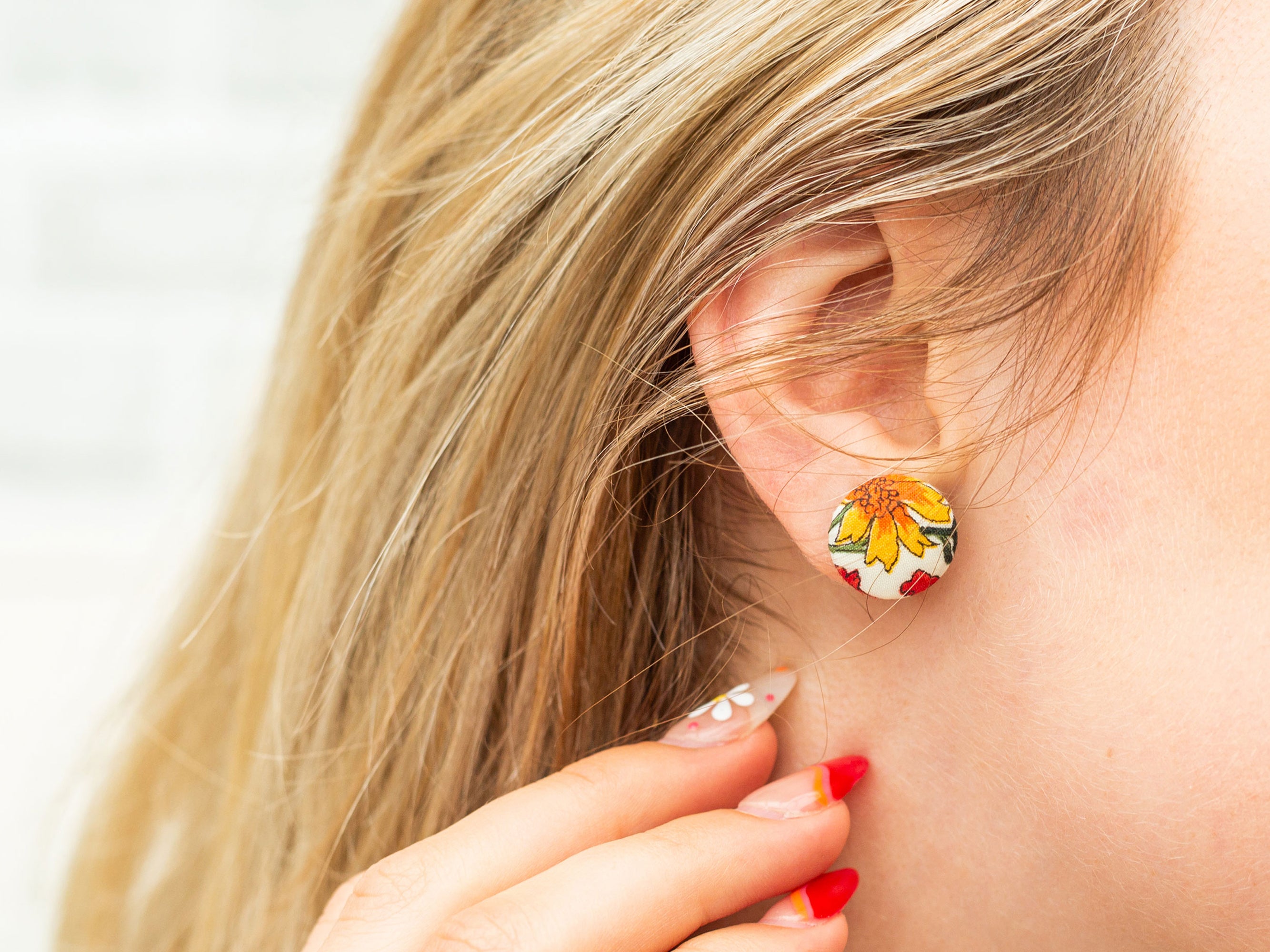 Model Wearing Bunny Bosworth Liberty London Print Button Stud Earrings | Holme & Moss