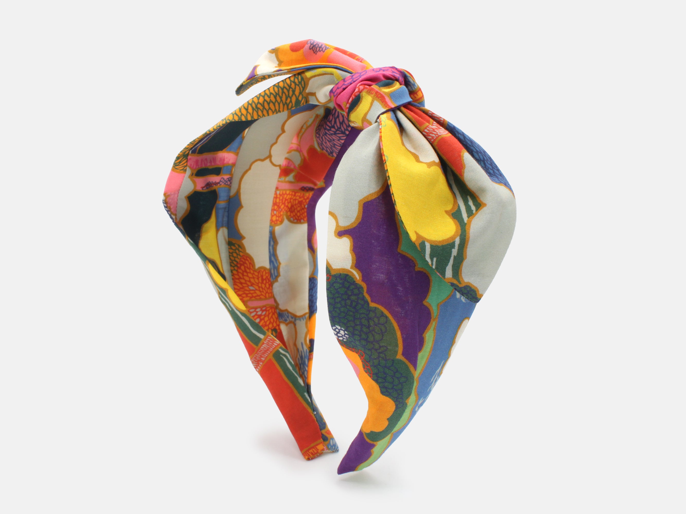 Colourful patterned headband on a white background | Liberty Fabrics Prospect Road A Print Side Bow Headband | Holme & Moss