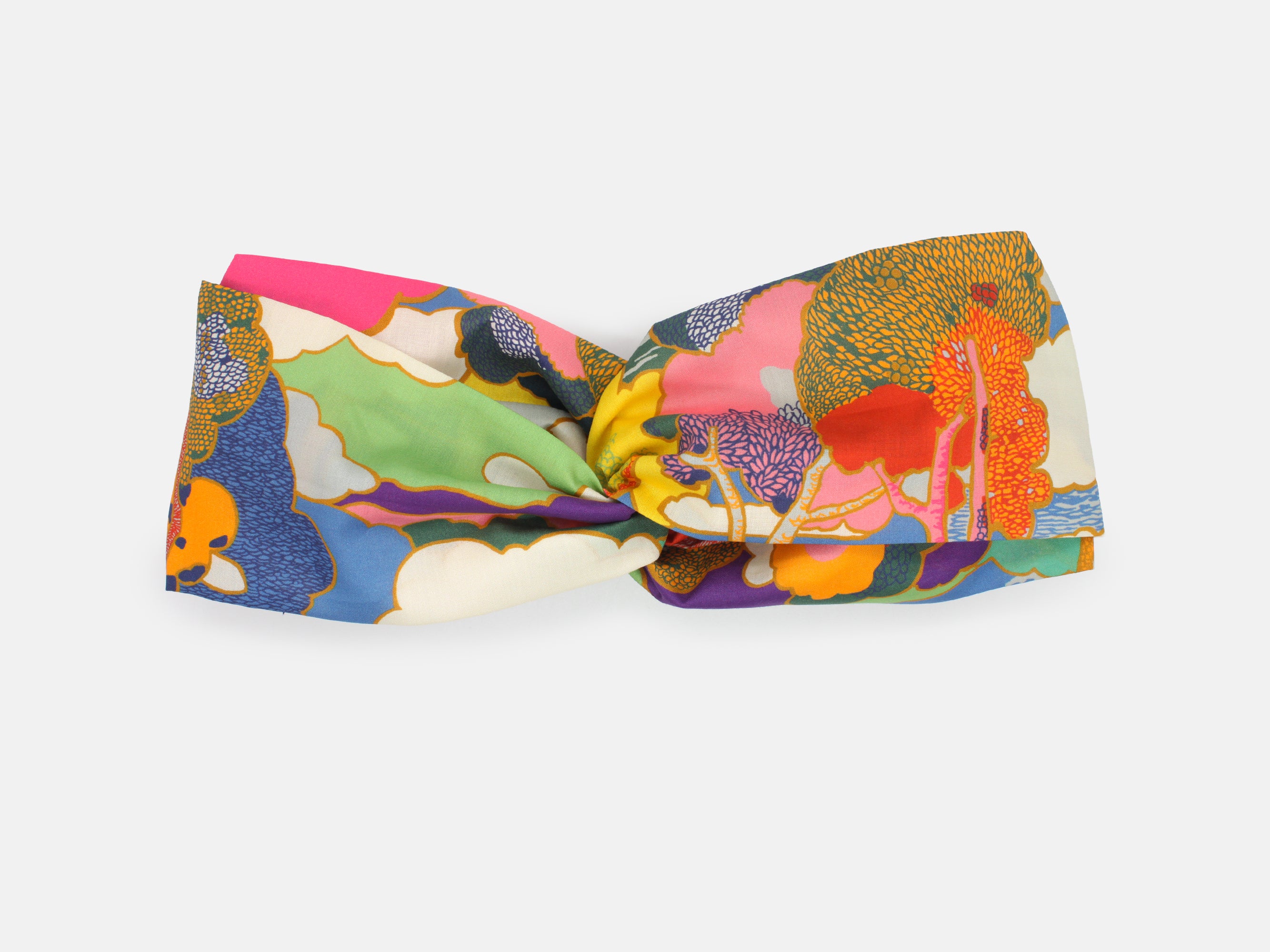 Colourful floral-patterned headband on a white background | Liberty Fabrics Twist Headband, Prospect Road A Print | Holme & Moss