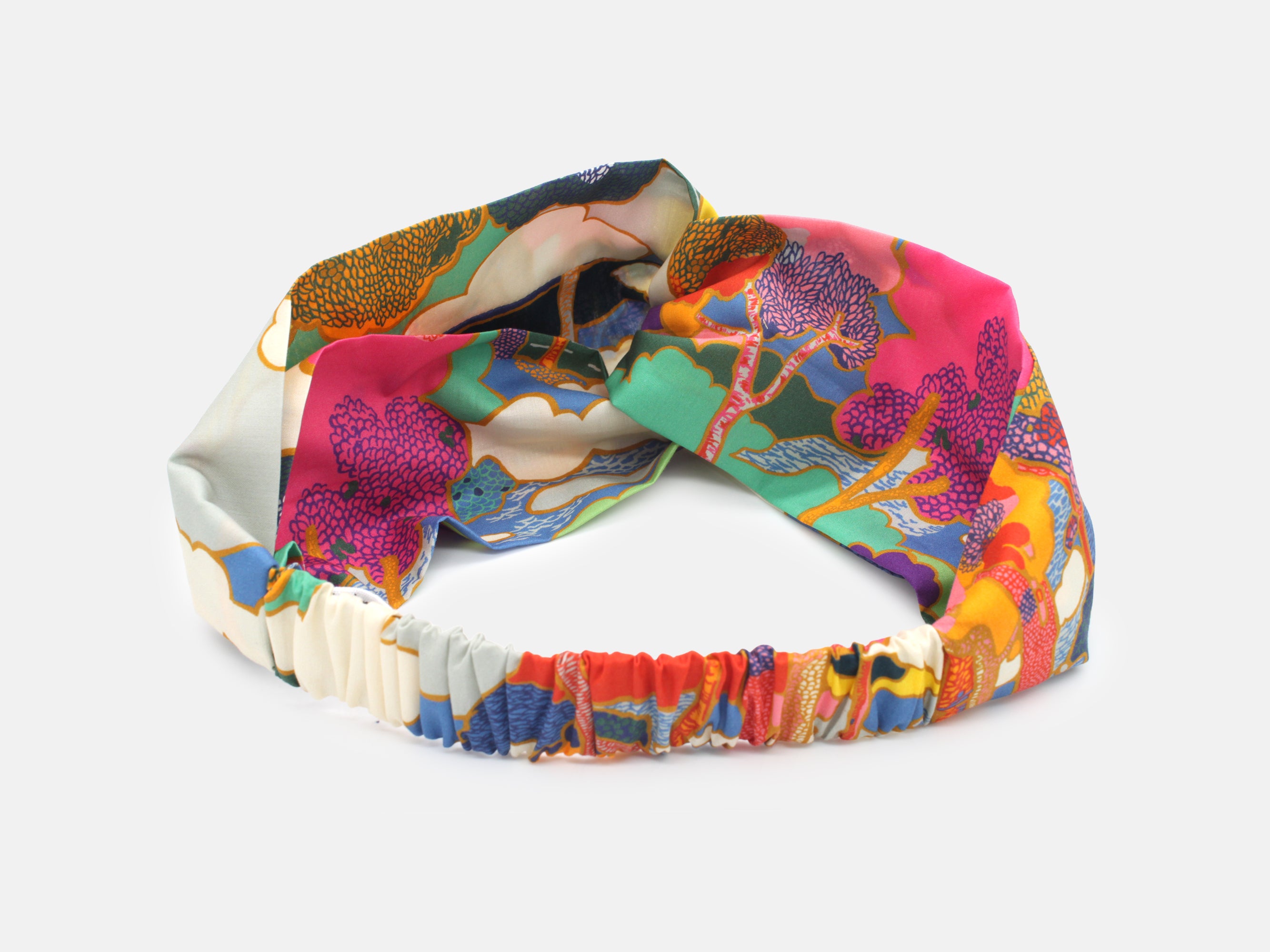Colourful floral-patterned headband on a white background | Liberty Fabrics Twist Headband, Prospect Road A Print | Holme & Moss