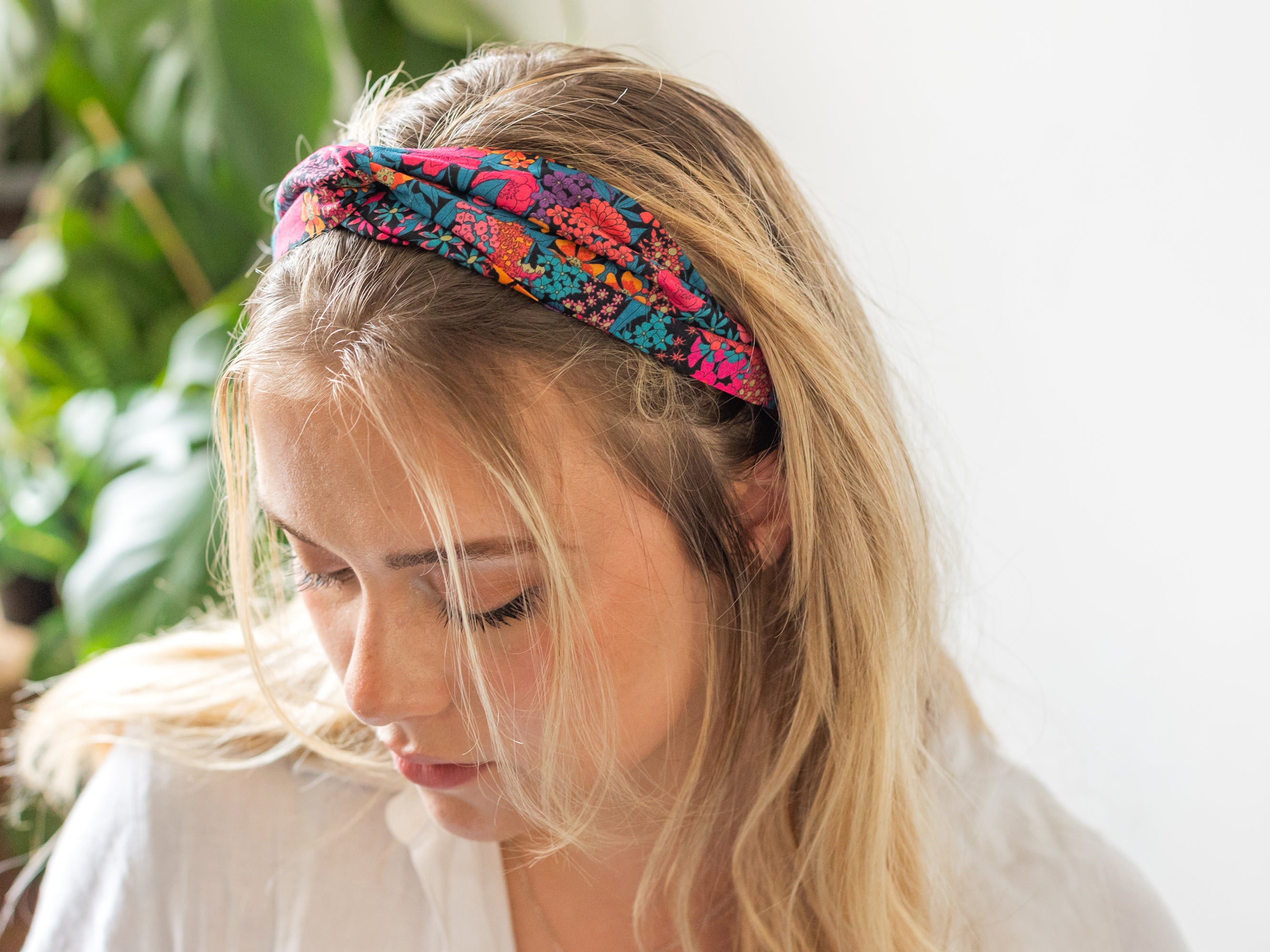 Model wearing twist Headband, Liberty London Ciara C Print | Holme & Moss