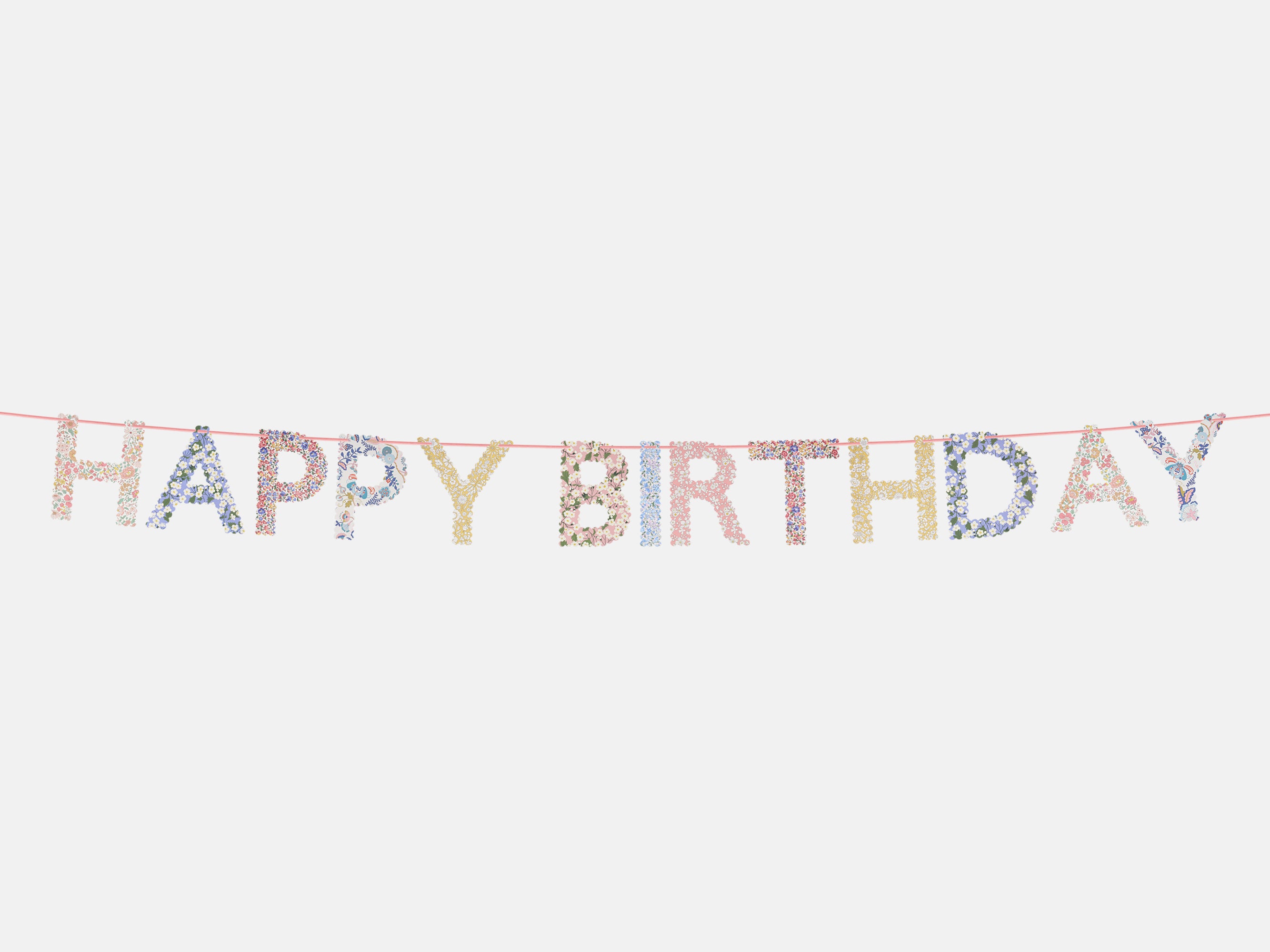 Floral 'Happy Birthday' banner on a white background | Meri Meri x Liberty Happy Birthday Garland | Holme & Moss
