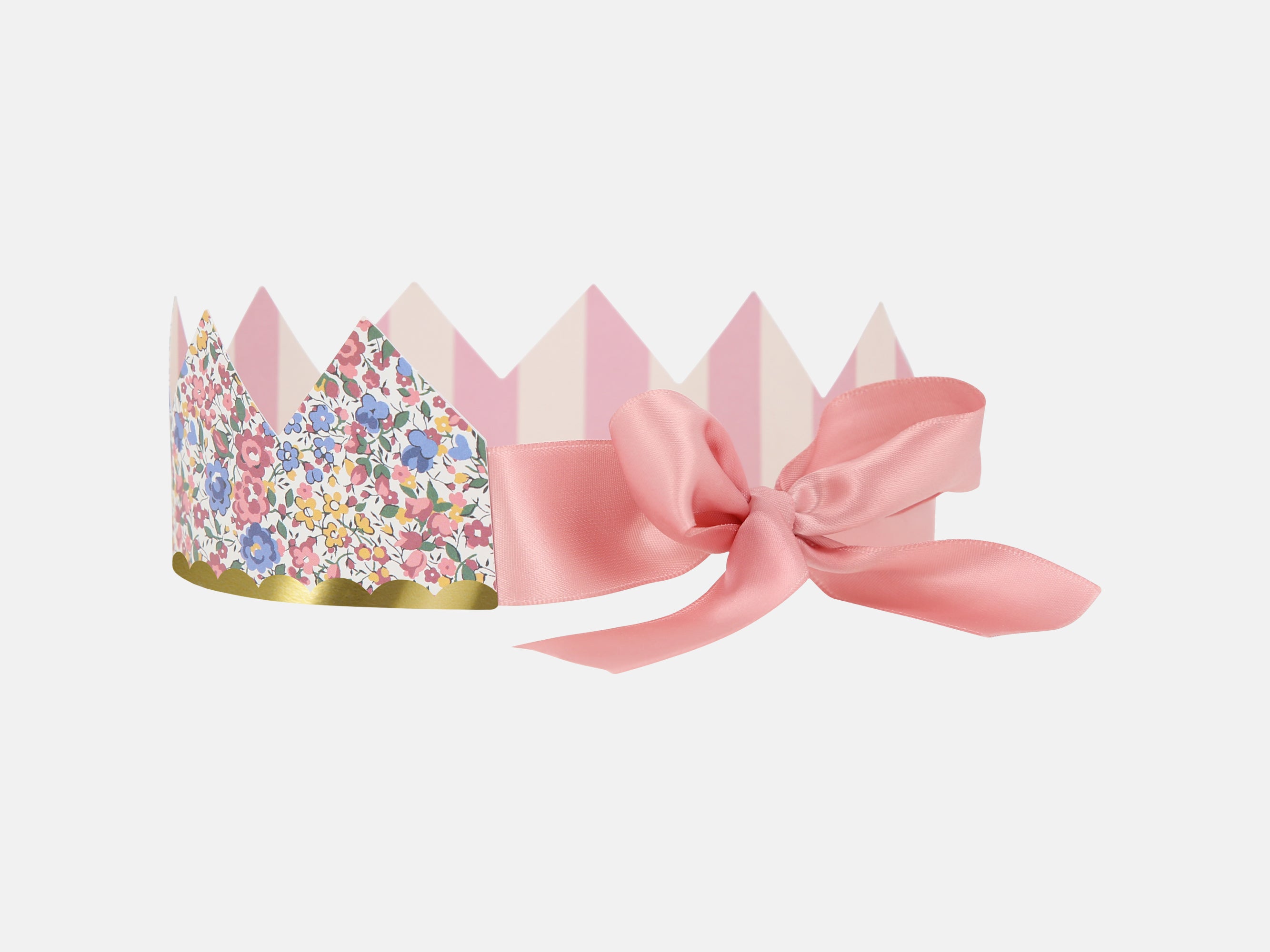 Decorative paper crown with Liberty floral design and pink ribbon on a white background | Meri Meri x Liberty Party Crowns (8) | Holme & Moss