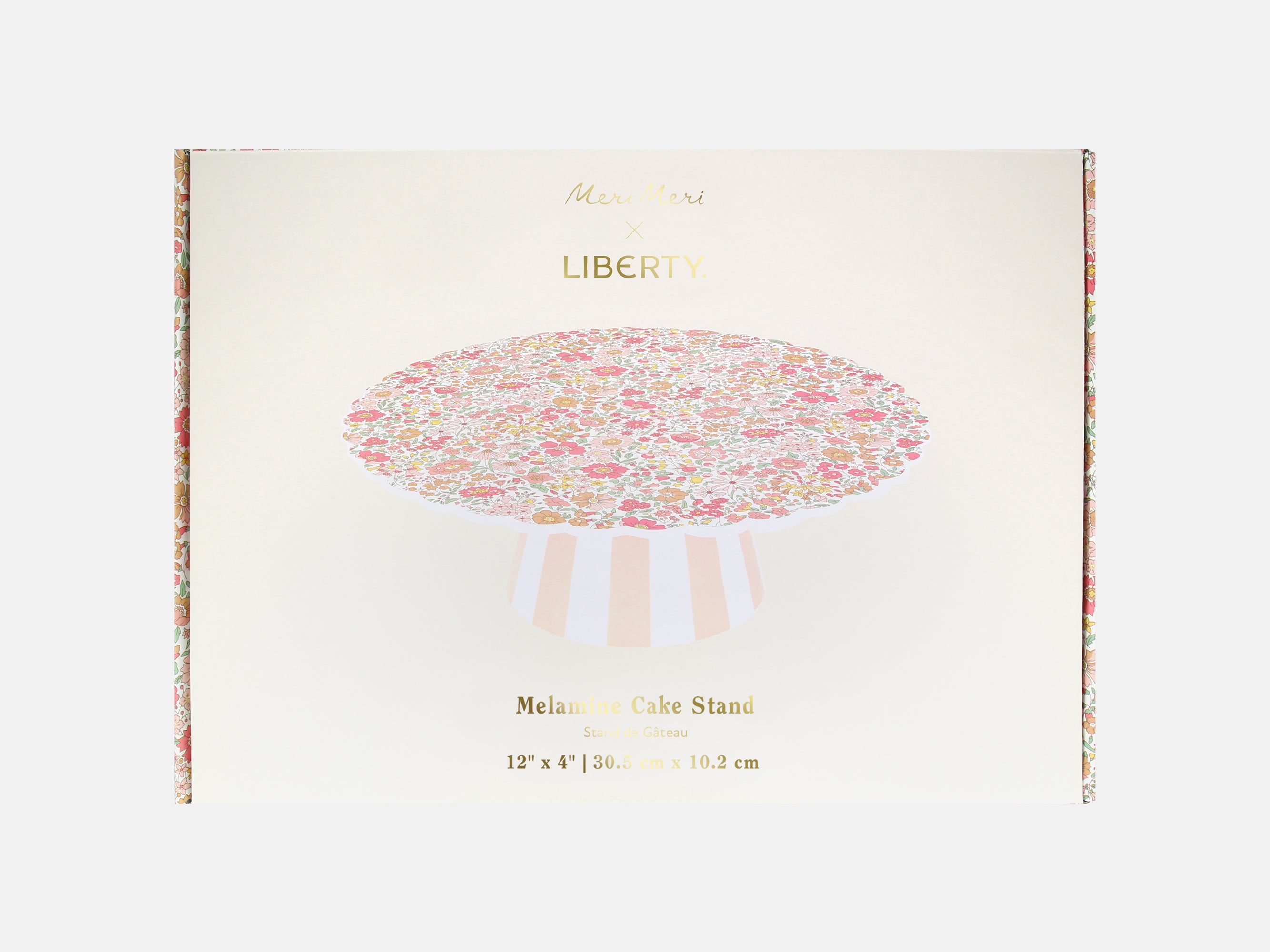 Cake stand packaging with floral design and 'Liberty' branding on a white background | Meri Meri x Liberty Reusable Cake Stand | Holme & Moss