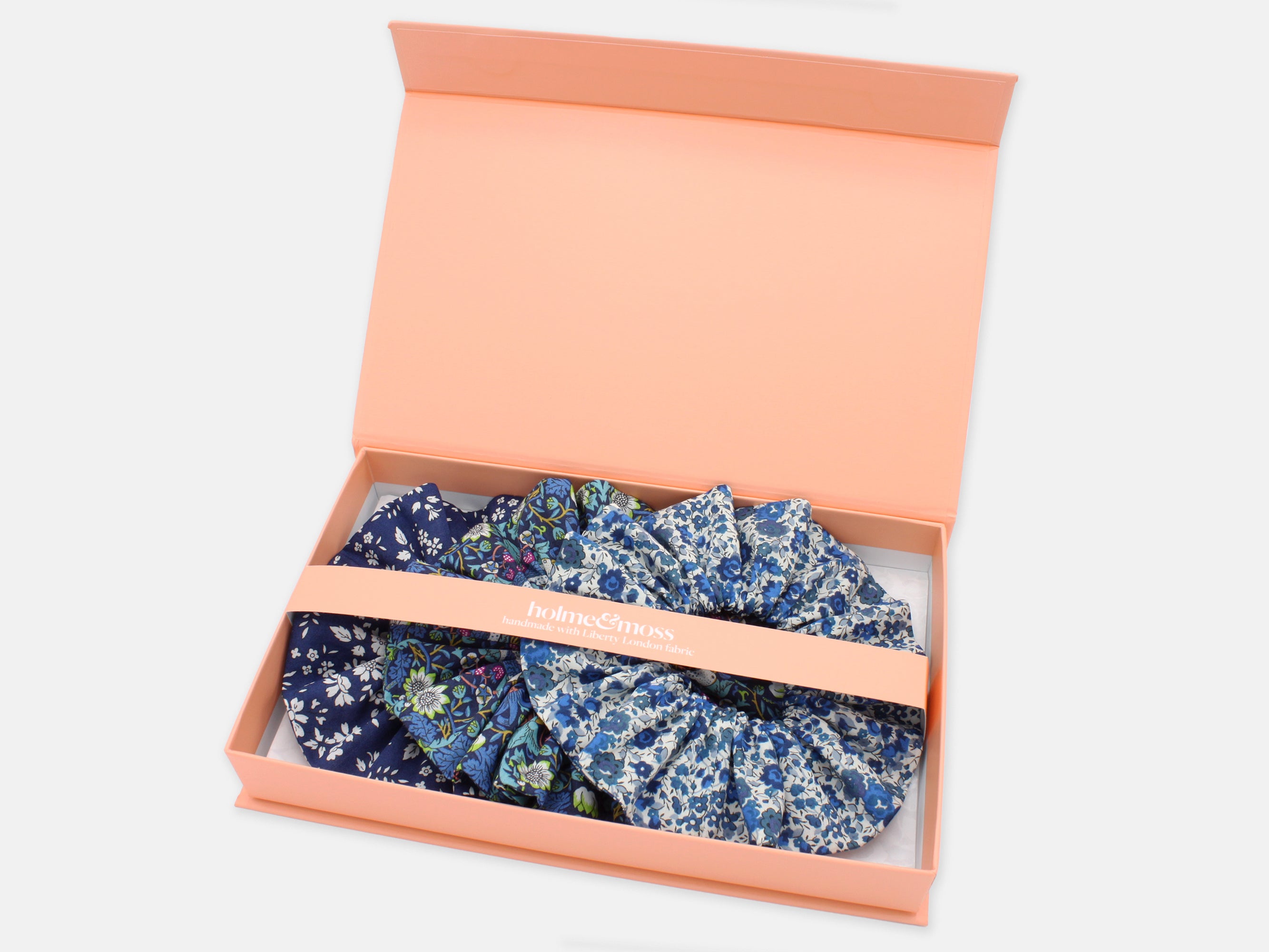 Liberty London Print Scrunchie Gift Box, Set of 3, Shades of Blue Collection, Medium | Holme & Moss