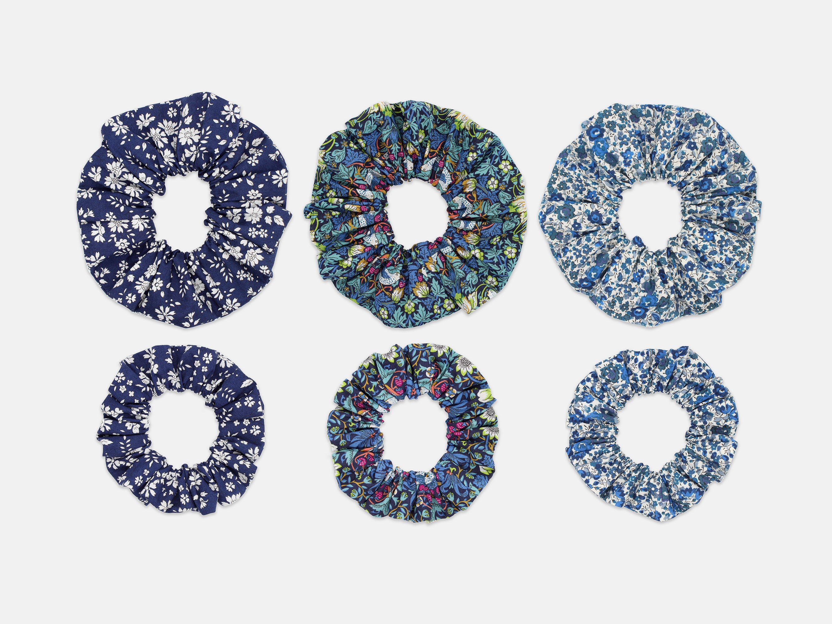 Liberty Print Scrunchie Gift Box, Set of 3, Shades of Blue collection. Showing comparison of large and medium scrunchie sizes | Holme & Moss