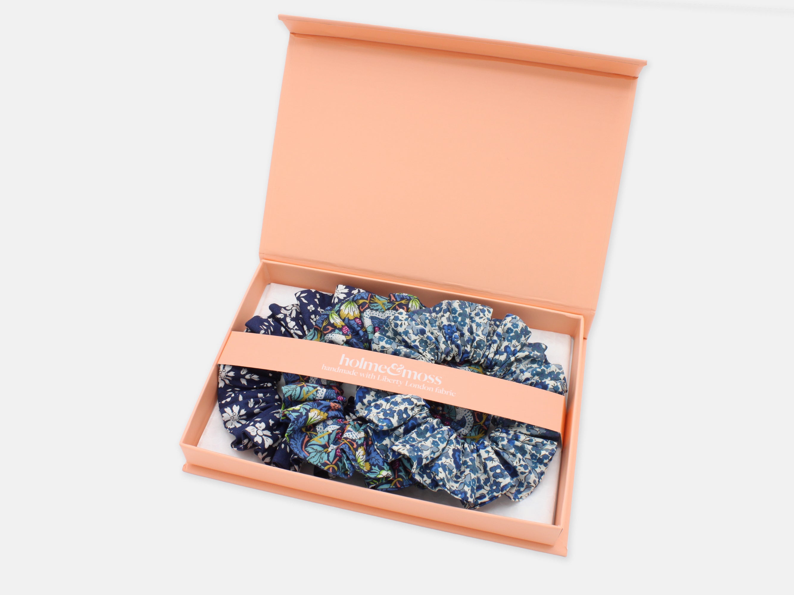 Liberty London Print Scrunchie Gift Box, Set of 3, Shades of Blue Collection, Medium | Holme & Moss
