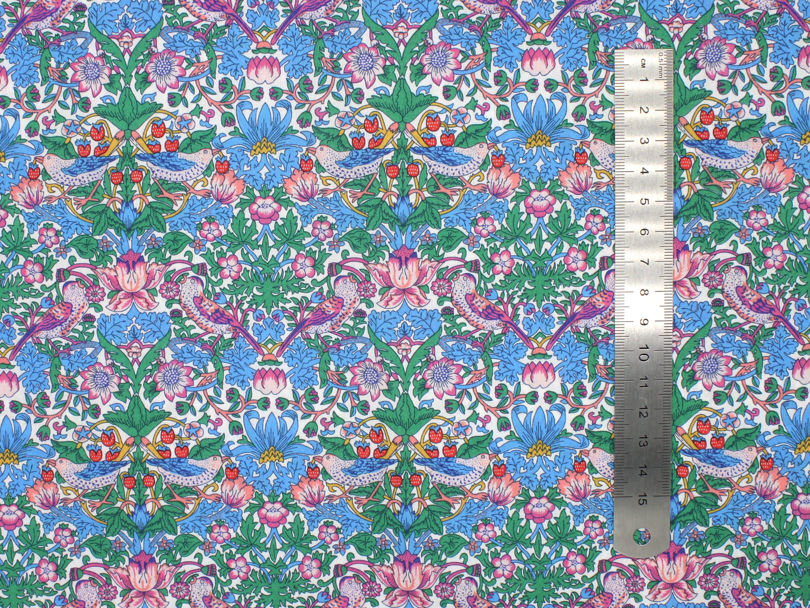 William Morris patterned fabric with a colourful design of flowers and birds | Liberty Fabrics - Strawberry Thief Spring F Tana Lawn™ Cotton | Holme & Moss