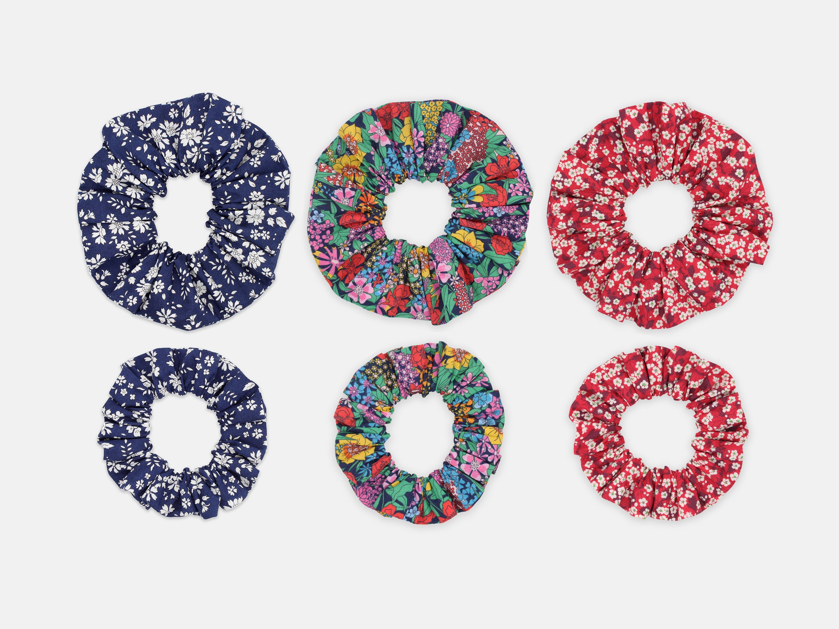 Liberty Print Scrunchie Gift Box, Set of 3, Summer Brights collection. Showing comparison of large and medium scrunchie sizes | Holme & Moss