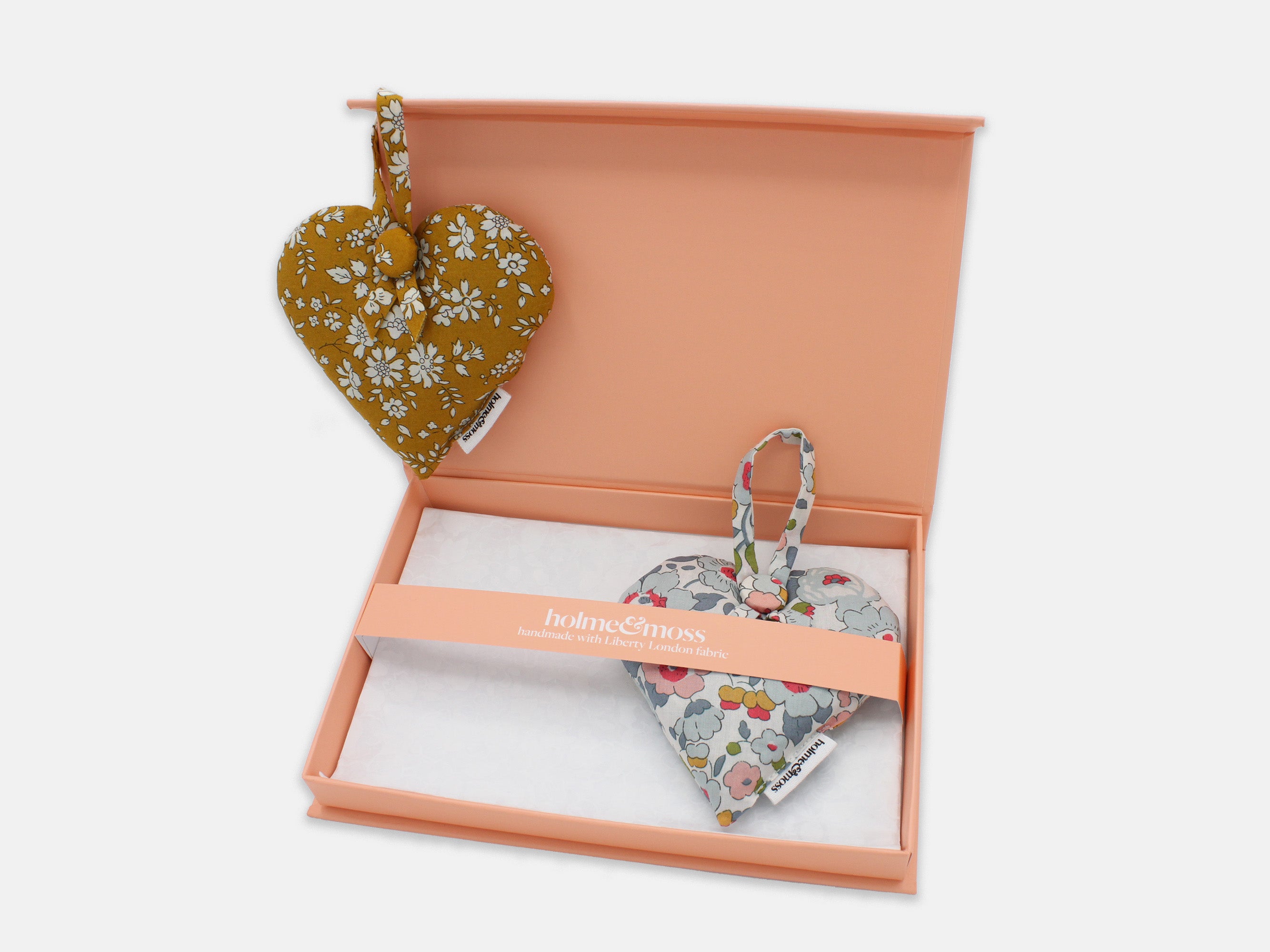 Liberty Print Lavender Heart Gift Box, Set of Two, English Mustard Collection | Holme & Moss