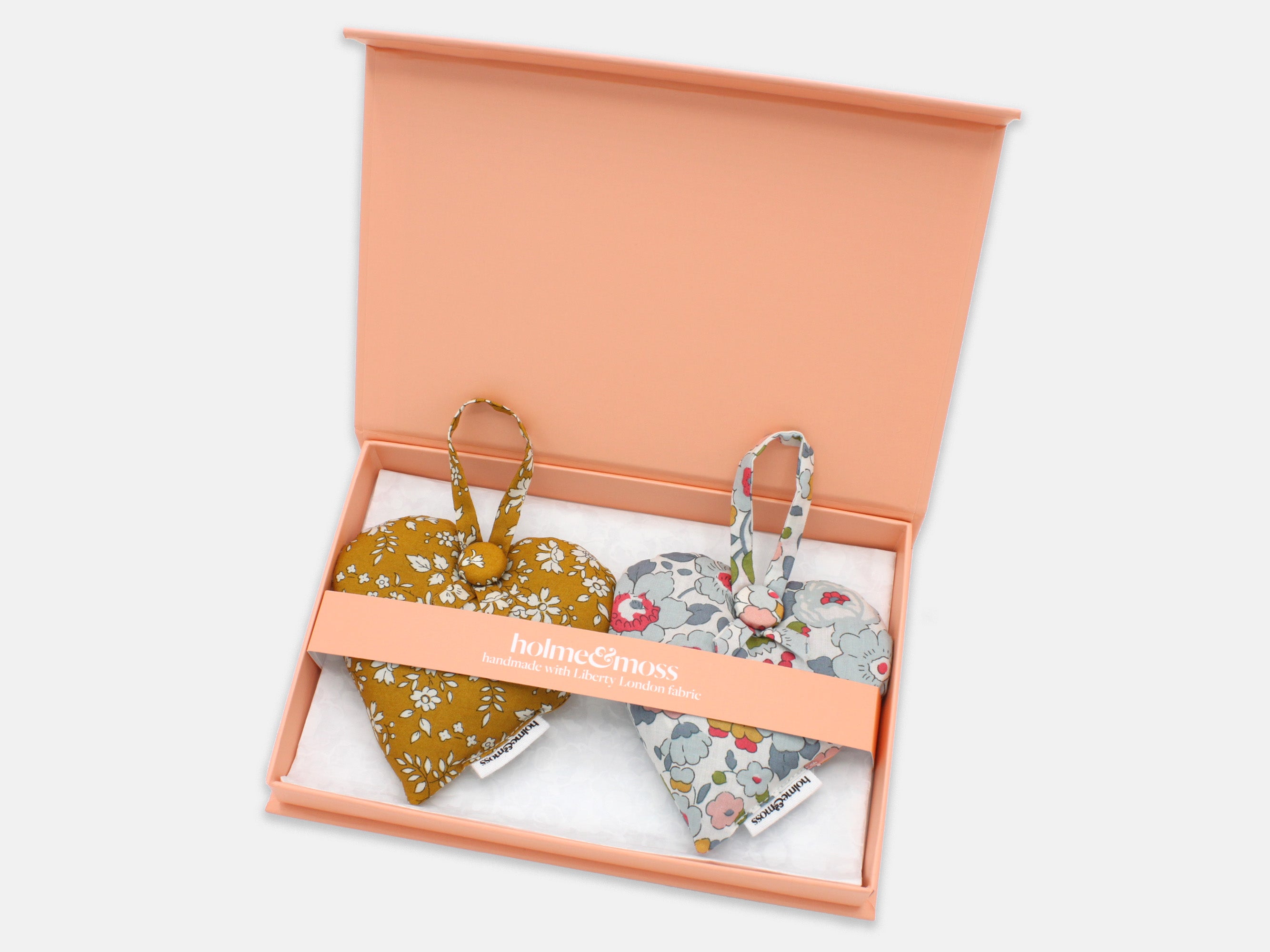 Liberty Print Lavender Heart Gift Box, Set of Two, English Mustard Collection | Holme & Moss