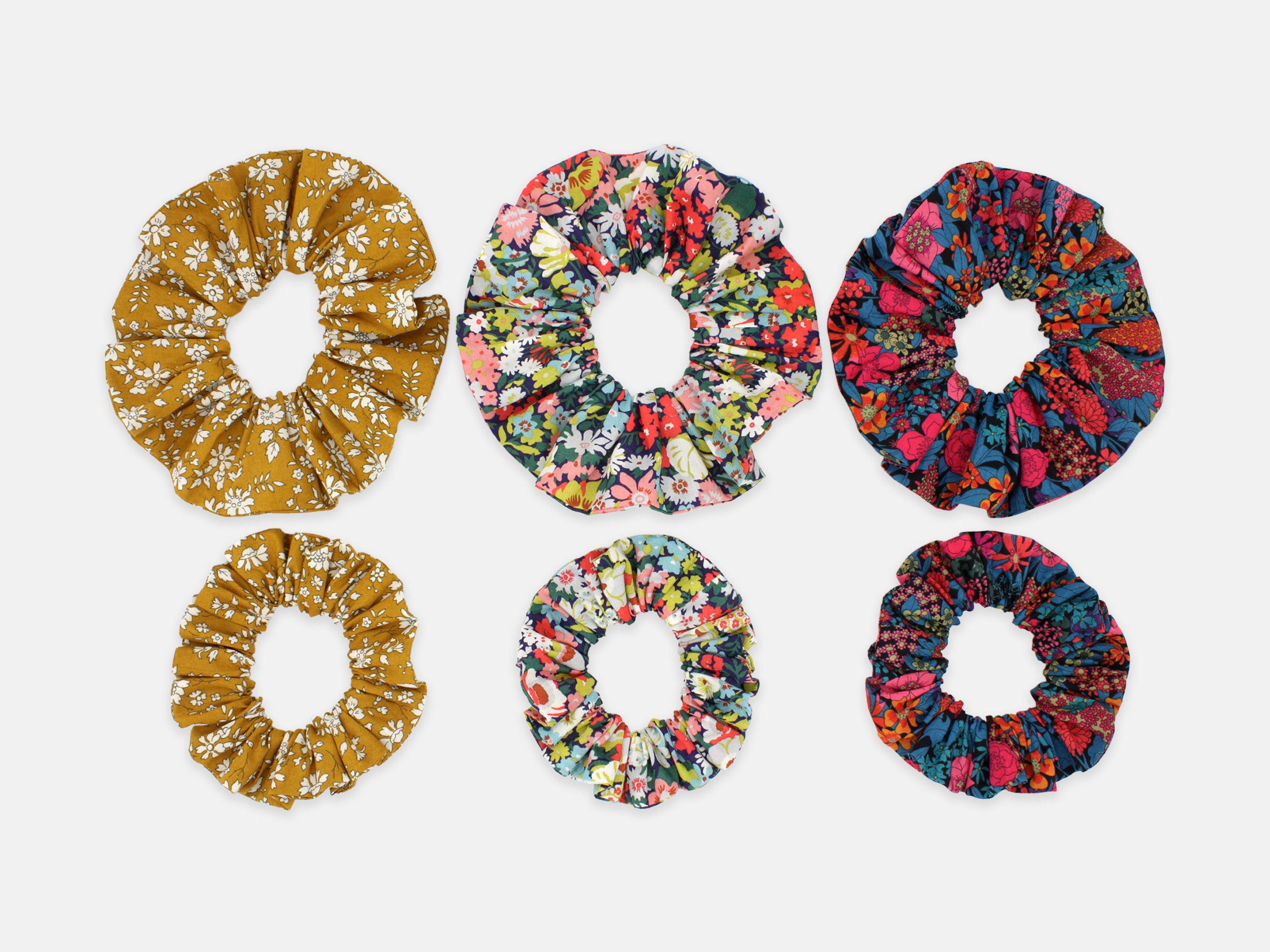Liberty Print Scrunchie Gift Box, Set of 3, Pop Classics collection. Showing comparison of large and medium scrunchie sizes | Holme & Moss