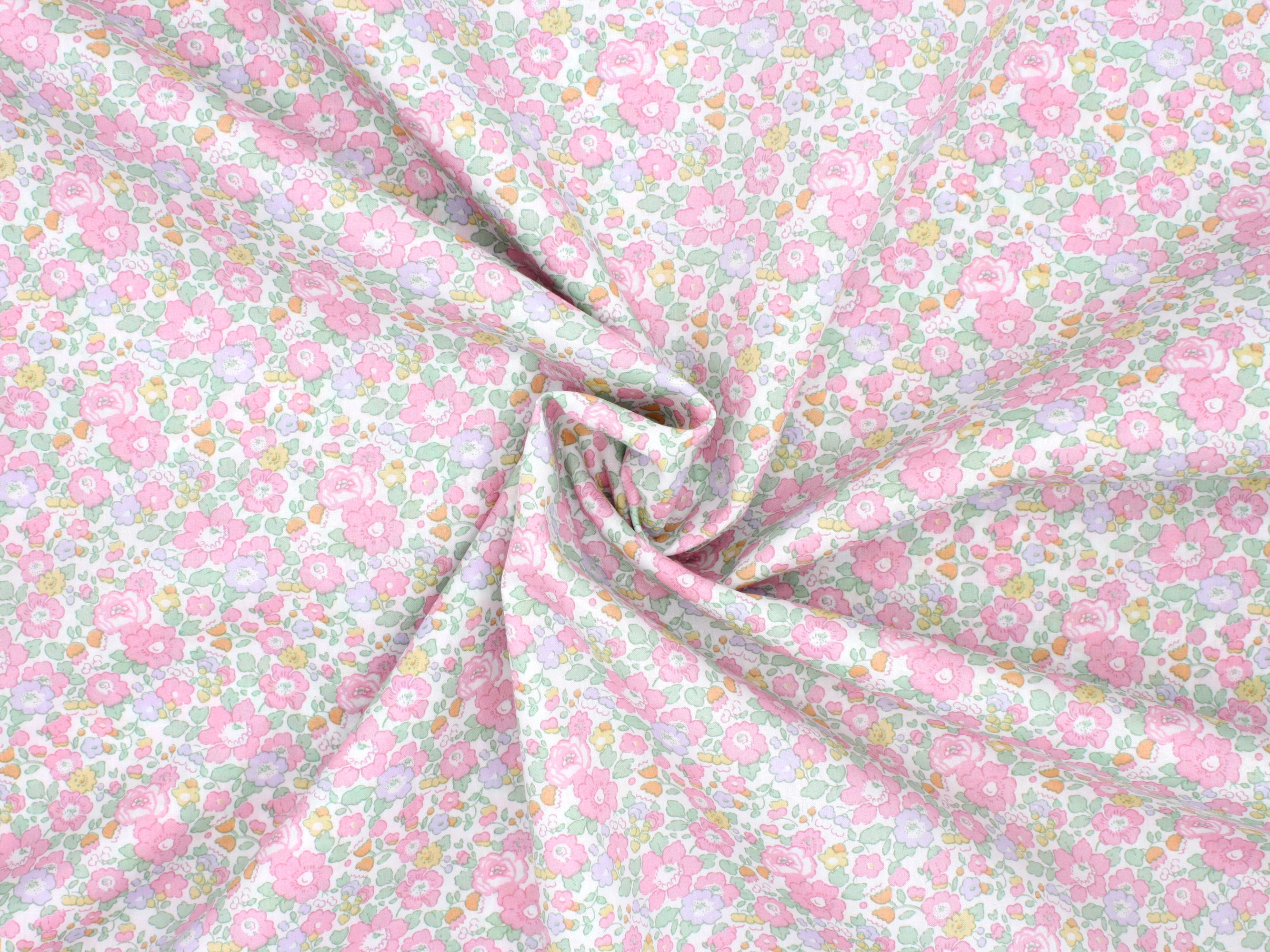 Liberty Fabrics - Betsy Ann H Tana Lawn™ Cotton - Floral fabric with pink and green flowers on a light background | Holme & Moss