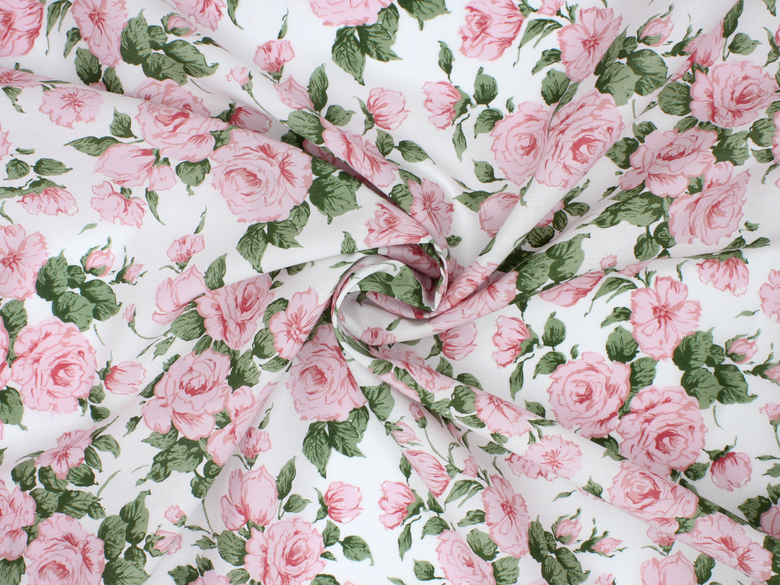 Clarabell A Liberty Fabrics Tana Lawn Cotton Print | Holme & Moss Fabric Shop | Floral fabric with pink roses and green leaves on an off-white background