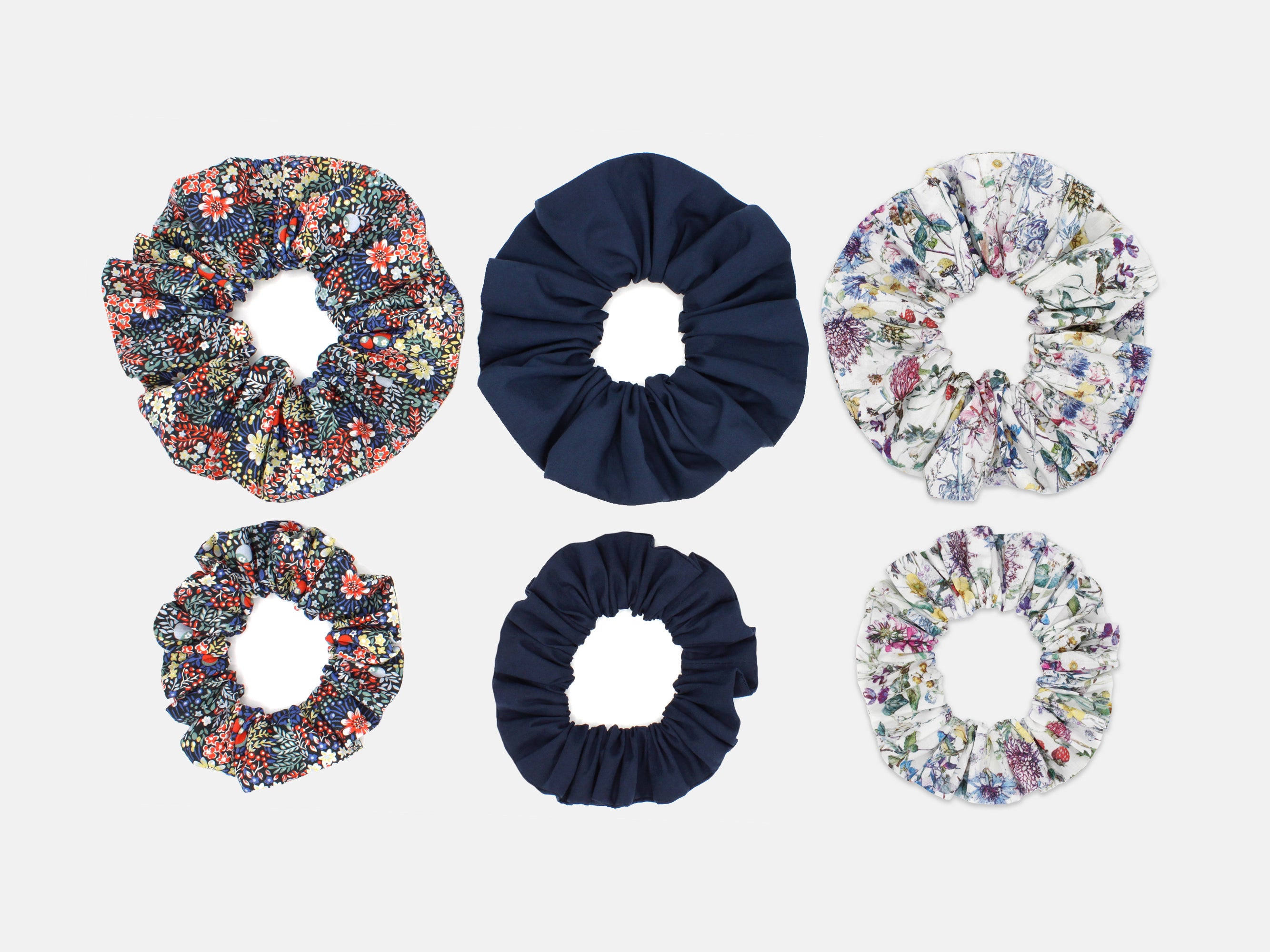 Liberty Print Scrunchie Gift Box, Set of 3, Country Garden collection. Showing comparison of large and medium scrunchie sizes | Holme & Moss