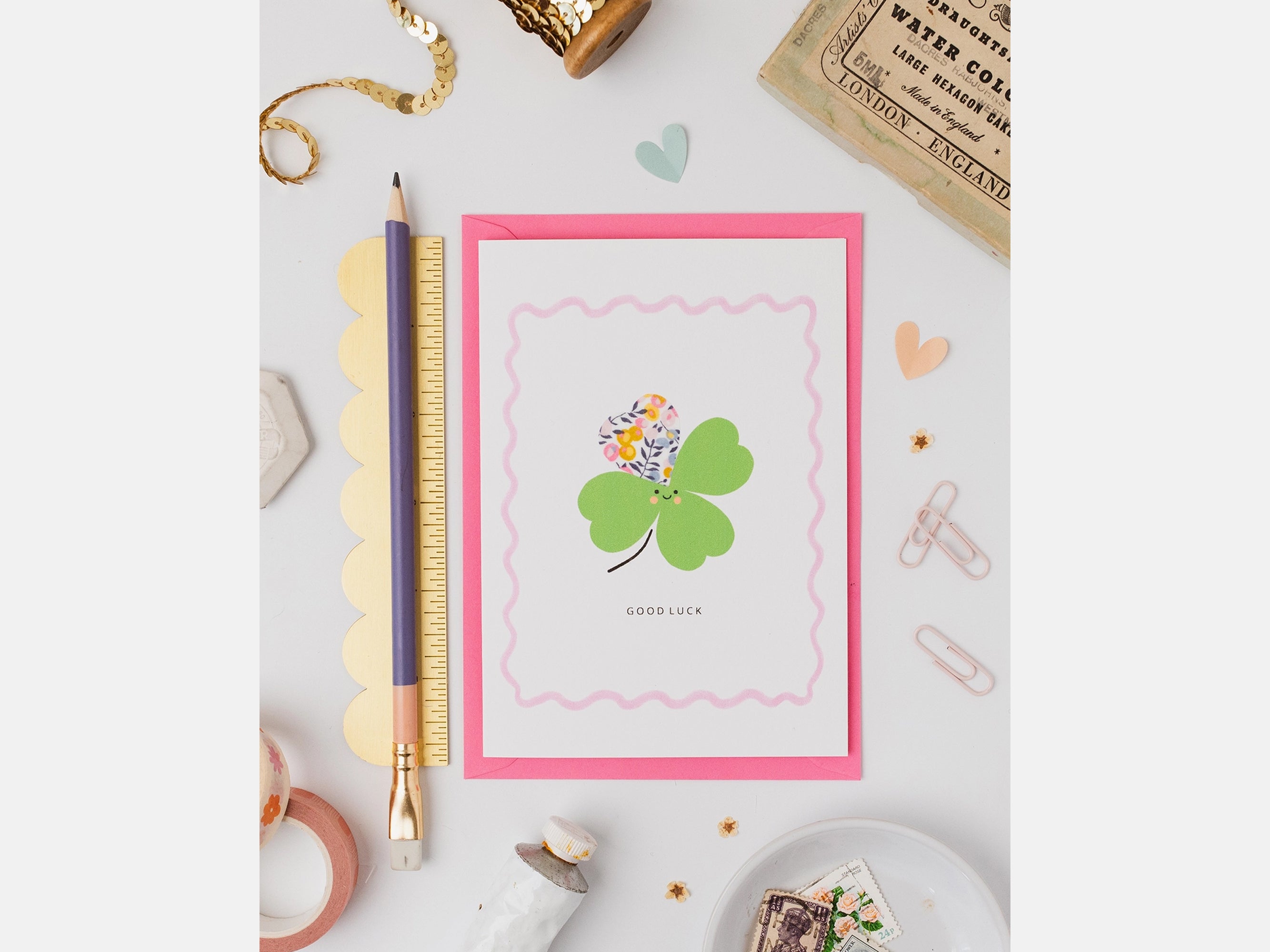Four Leaf Clover Good Luck Card - Liberty Wiltshire Bud Print | The Charming Press | Holme & Moss