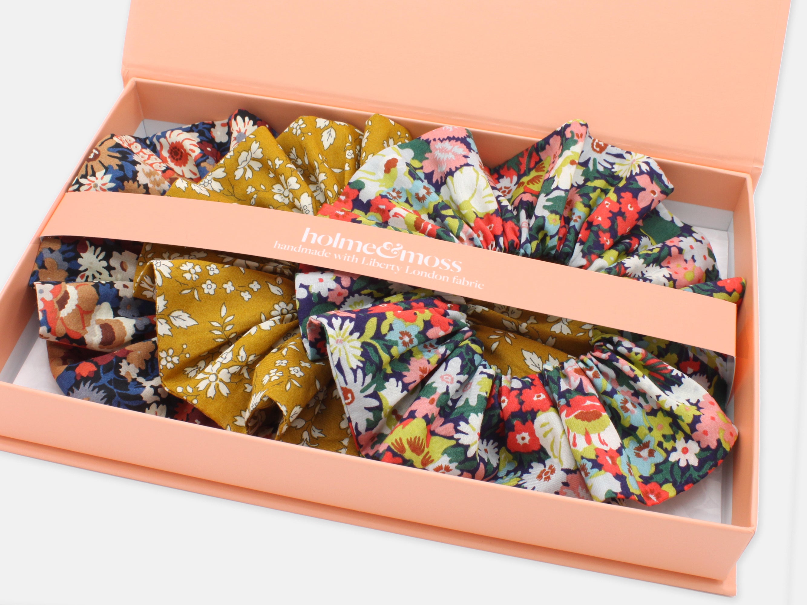 Liberty London Print Scrunchie Gift Box, Set of 3, Golden Blooms Collection, Large | Holme & Moss