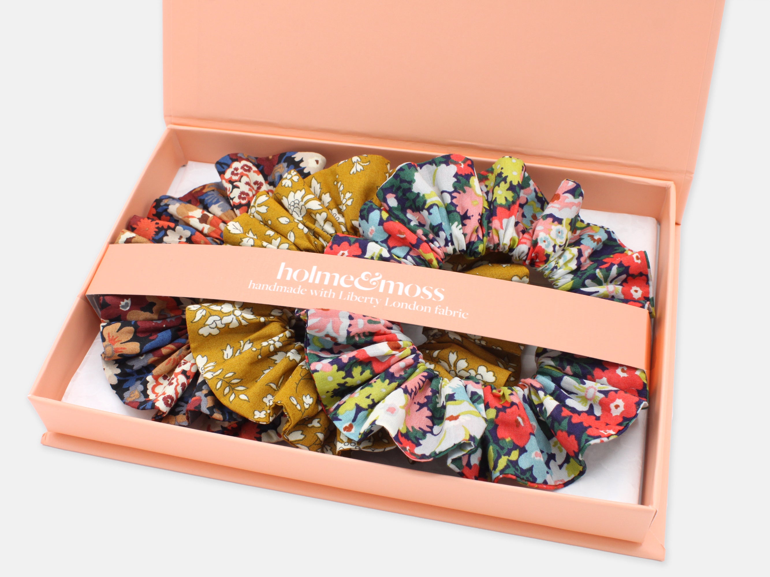 Liberty London Print Scrunchie Gift Box, Set of 3, Golden Blooms Collection, Medium | Holme & Moss