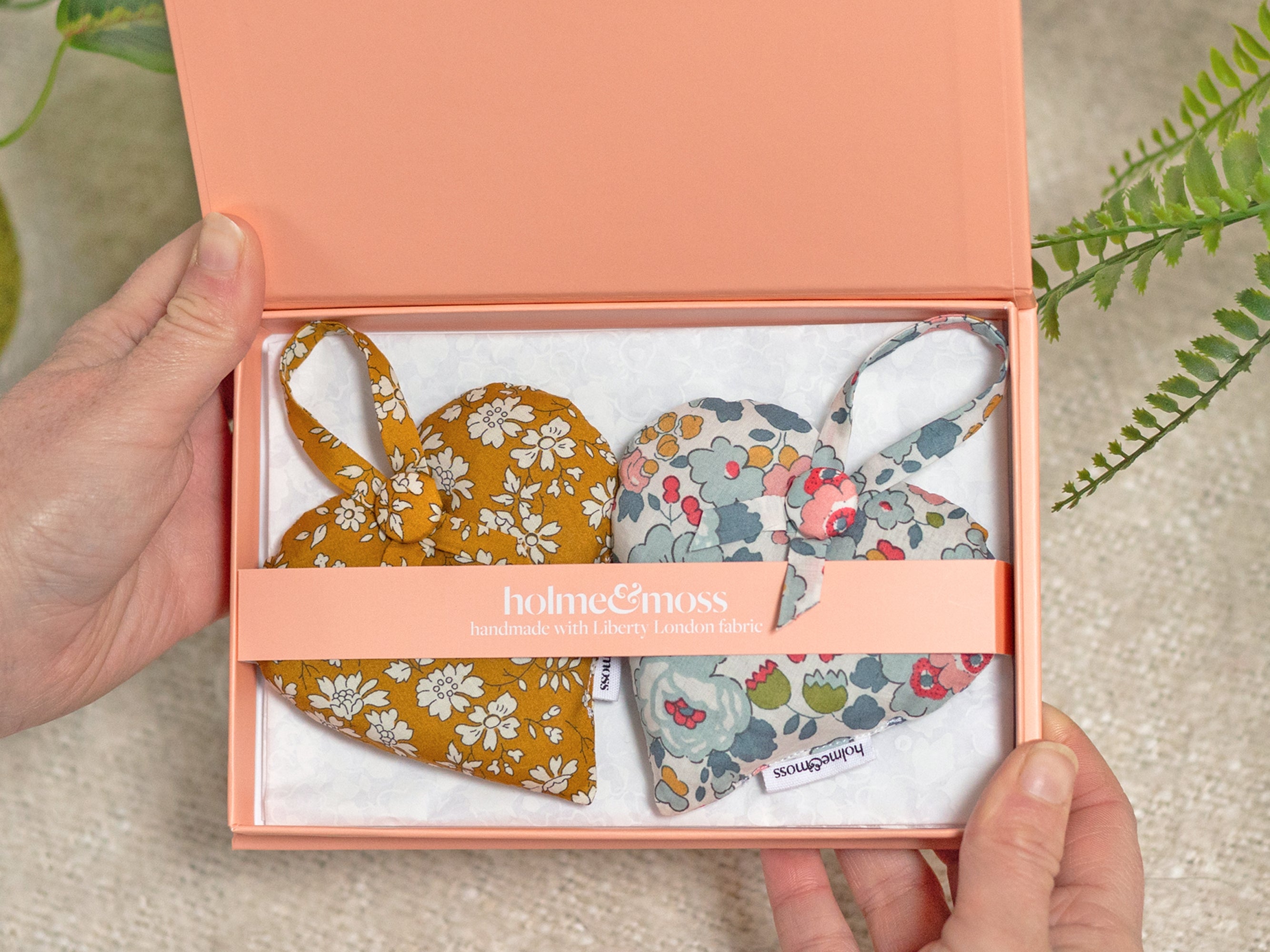 Liberty Print Lavender Heart Gift Box, Set of Two, English Mustard Collection | Holme & Moss
