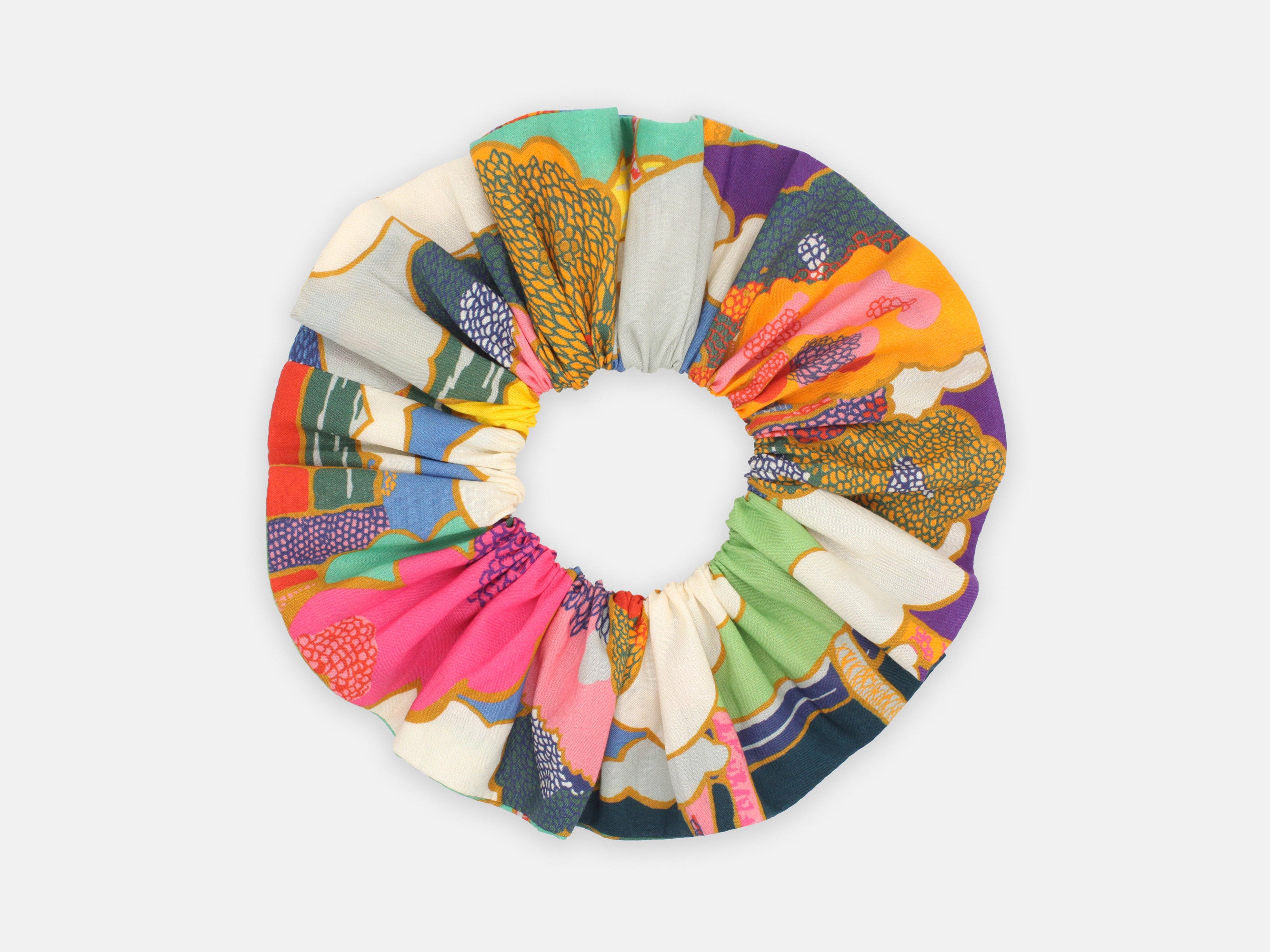 Multi-coloured fabric scrunchie on a white background | Large Scrunchie - Liberty Fabrics Prospect Road A Print | Holme & Moss