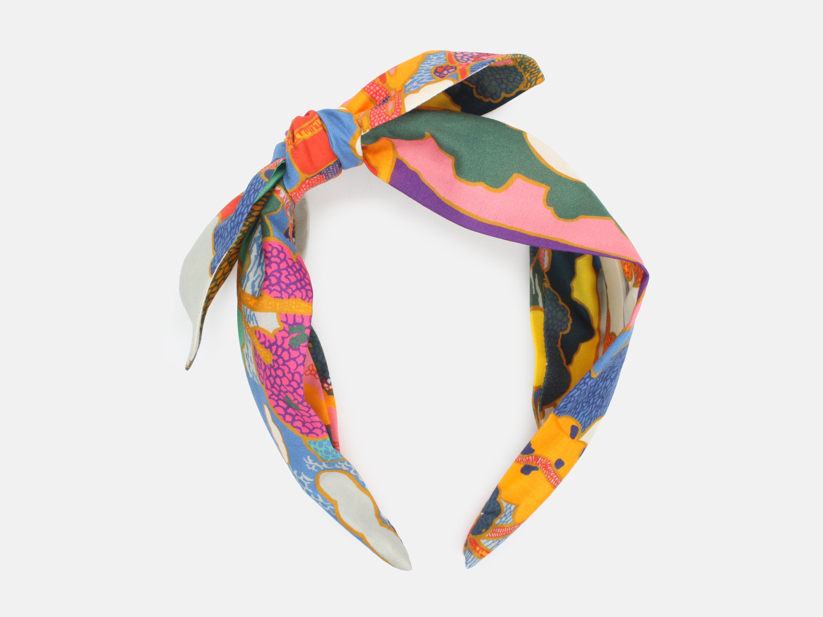 Colourful patterned headband on a white background | Liberty Fabrics Prospect Road A Print Side Bow Headband | Holme & Moss