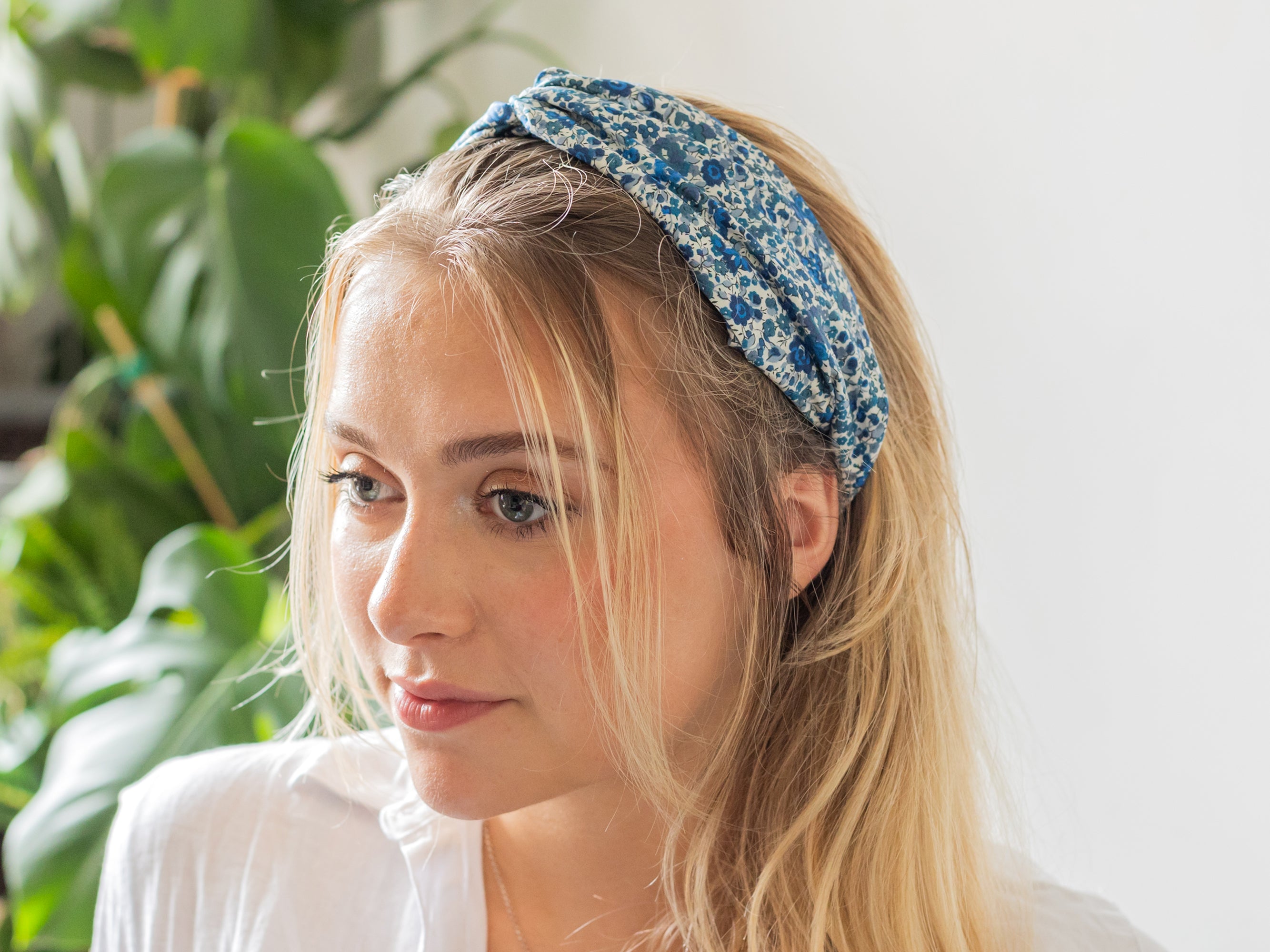 Model Wearing Twist Headband, Liberty London Emma and Georgina B Print | Holme & Moss
