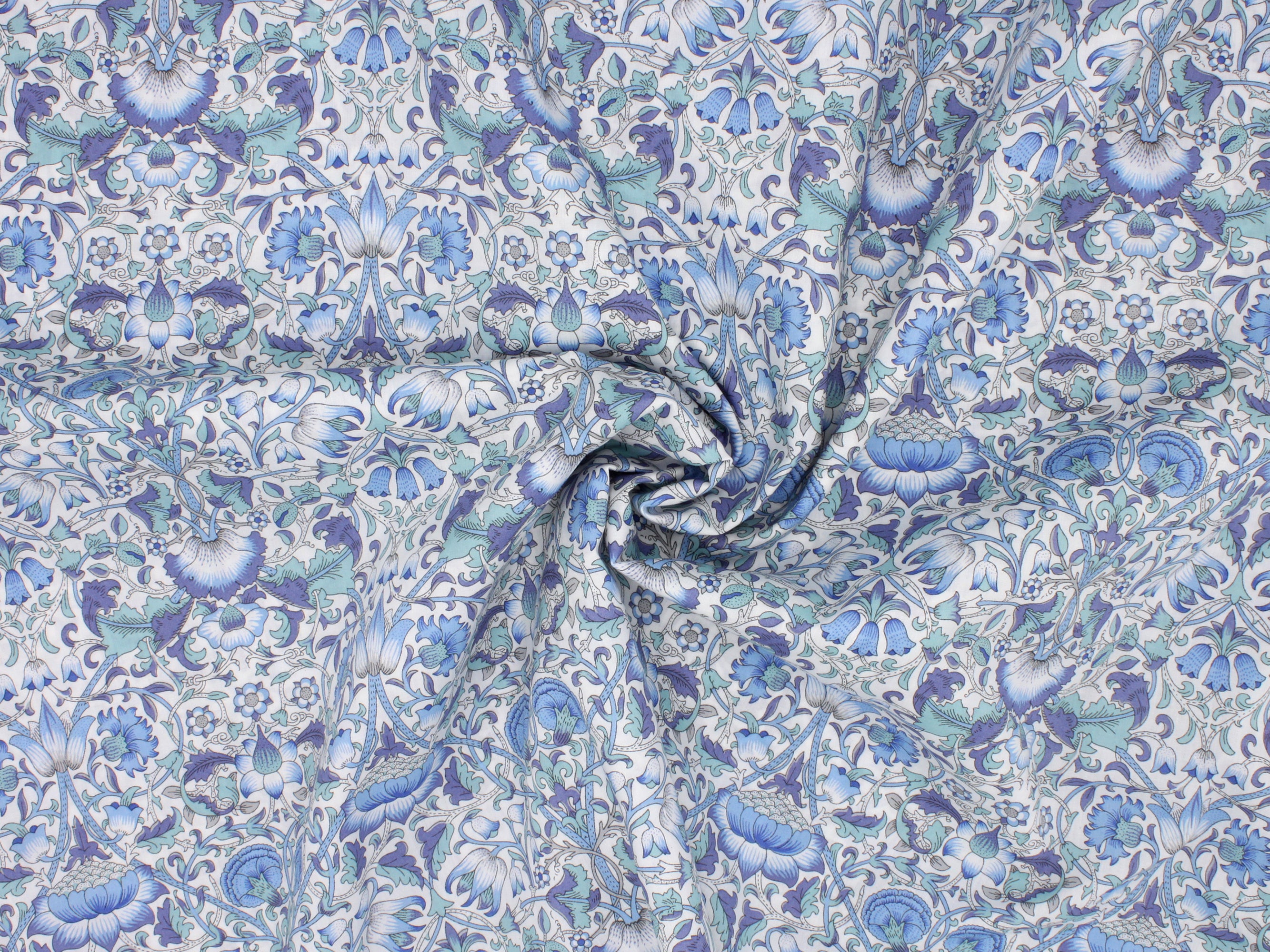 Lodden D Liberty Fabrics Tana Lawn Cotton Print | Blue and White Floral Motif Print | Holme & Moss Fabric Shop