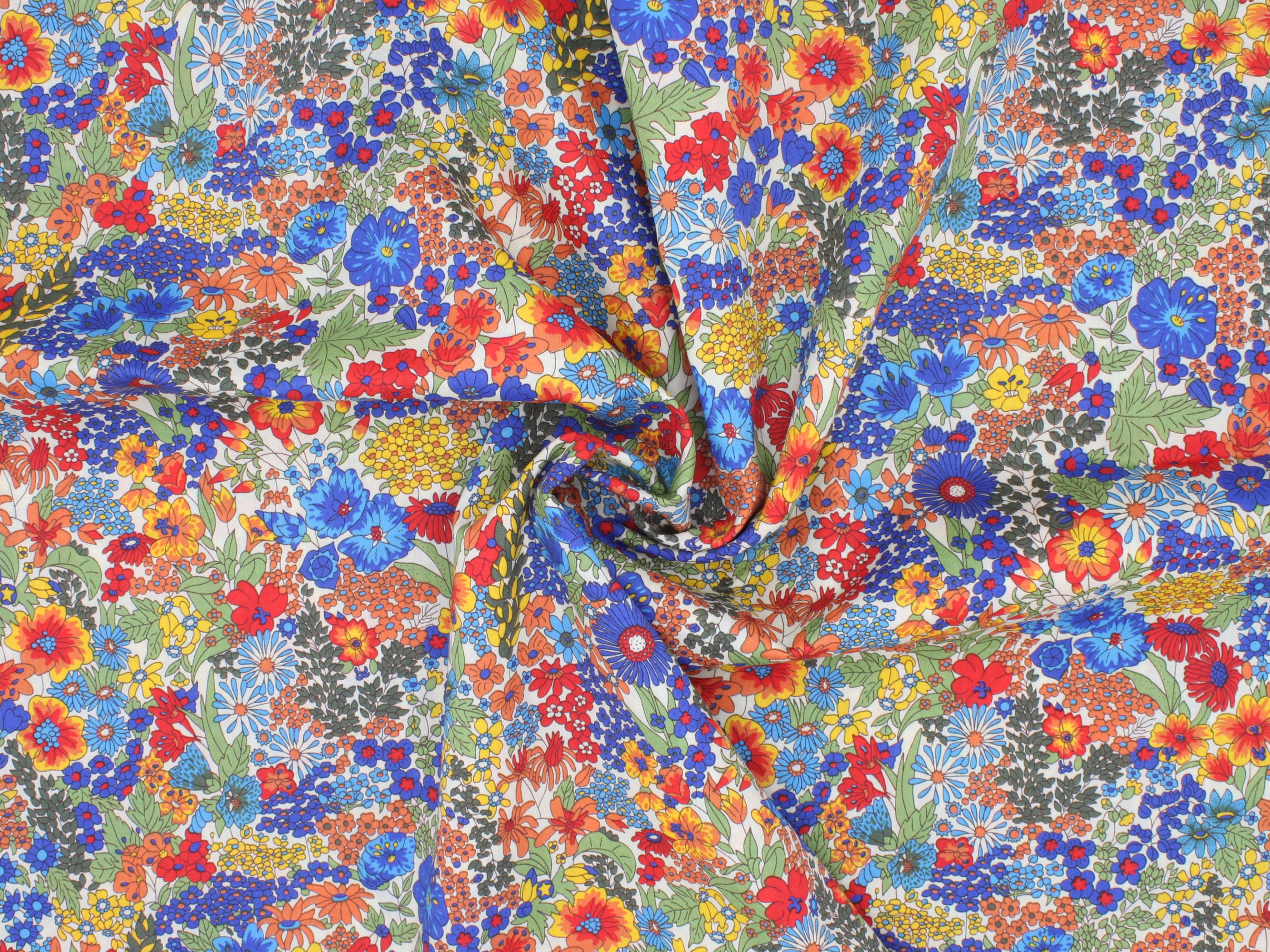Colourful floral pattern with red, blue, and yellow flowers | Liberty Fabrics - Margaret Annie A Tana Lawn™ Cotton | Holme & Moss