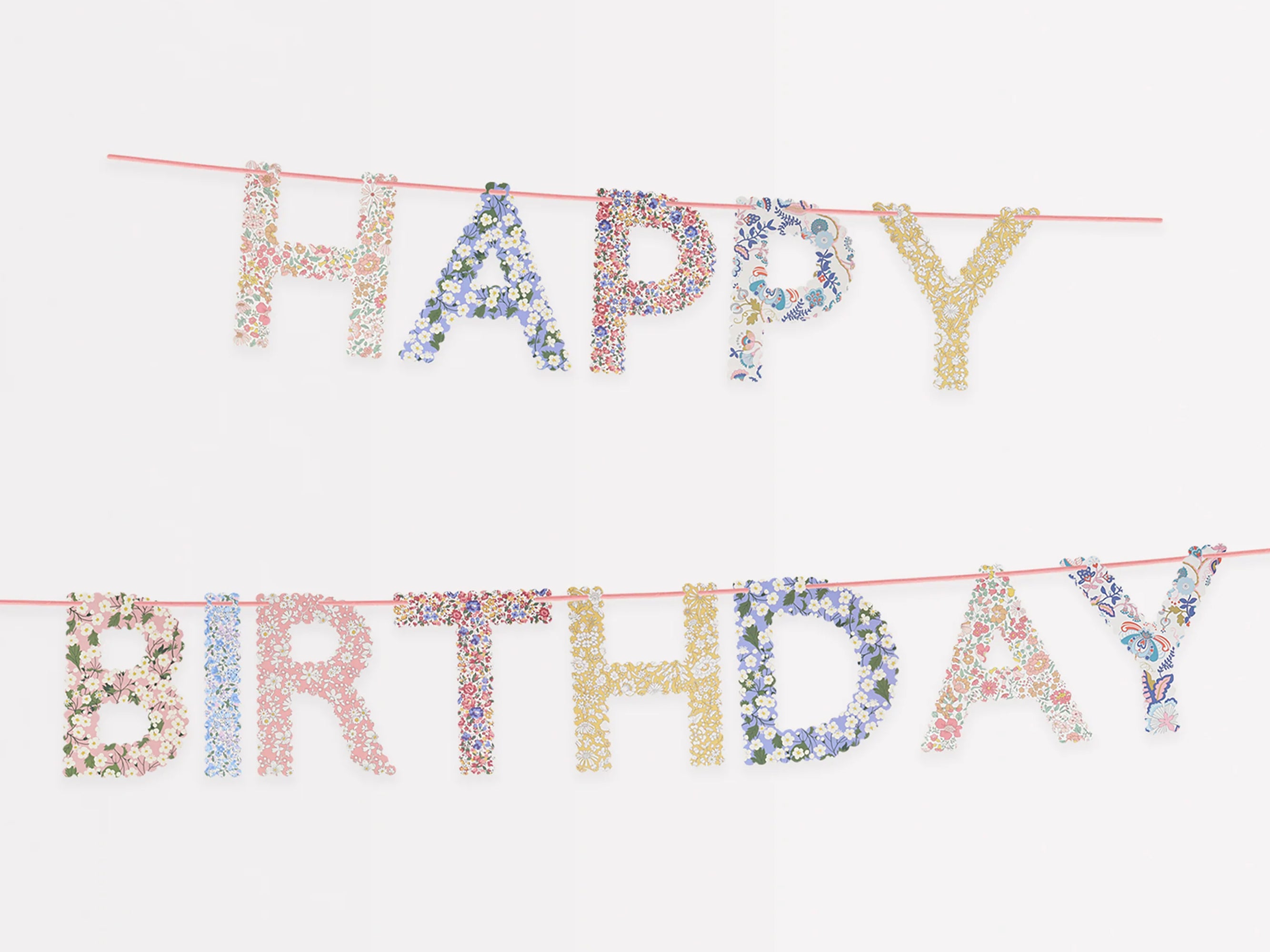 Floral 'Happy Birthday' banner on a white background | Meri Meri x Liberty Happy Birthday Garland | Holme & Moss