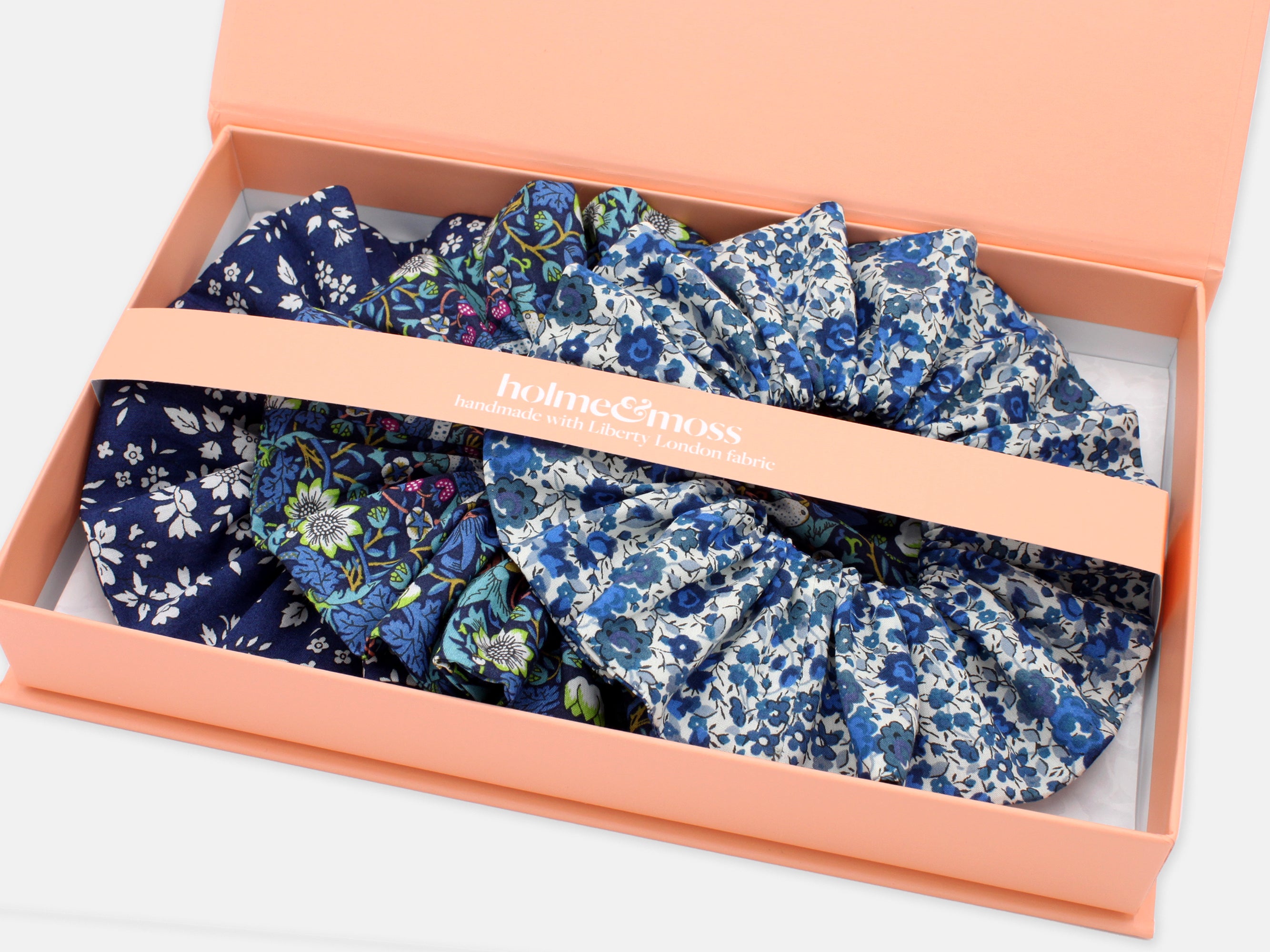 Liberty London Print Scrunchie Gift Box, Set of 3, Shades of Blue Collection, Large | Holme & Moss