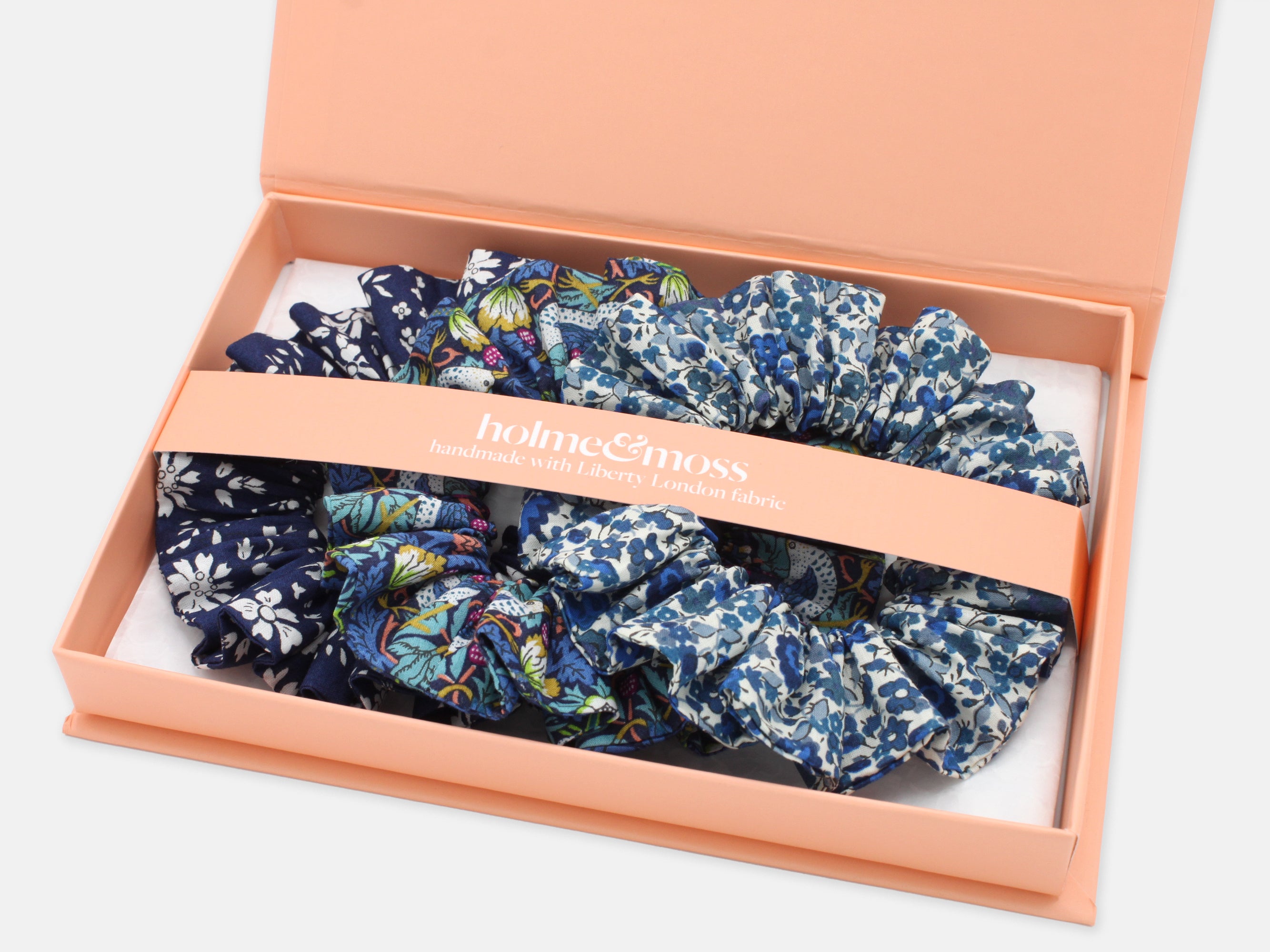 Liberty London Print Scrunchie Gift Box, Set of 3, Shades of Blue Collection, Medium | Holme & Moss