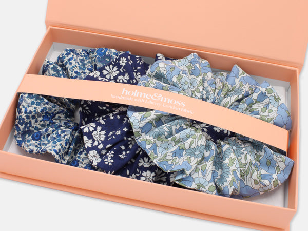 Liberty London Print Scrunchie Gift Box, Set of 3, Shades of Blue Collection, Large | Holme & Moss