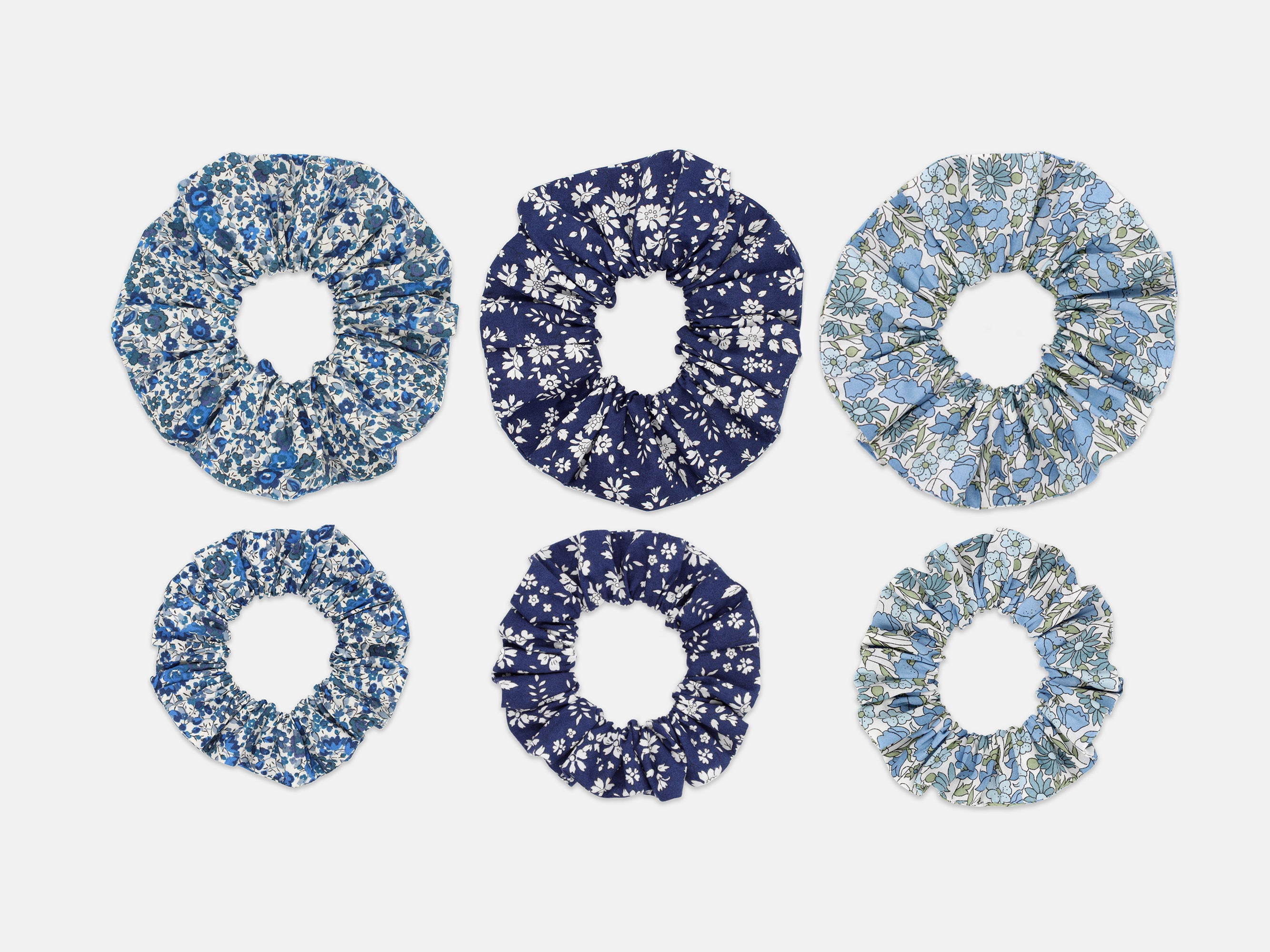 Liberty Print Scrunchie Gift Box, Set of 3, Shades of Blue collection. Showing comparison of large and medium scrunchie sizes | Holme & Moss