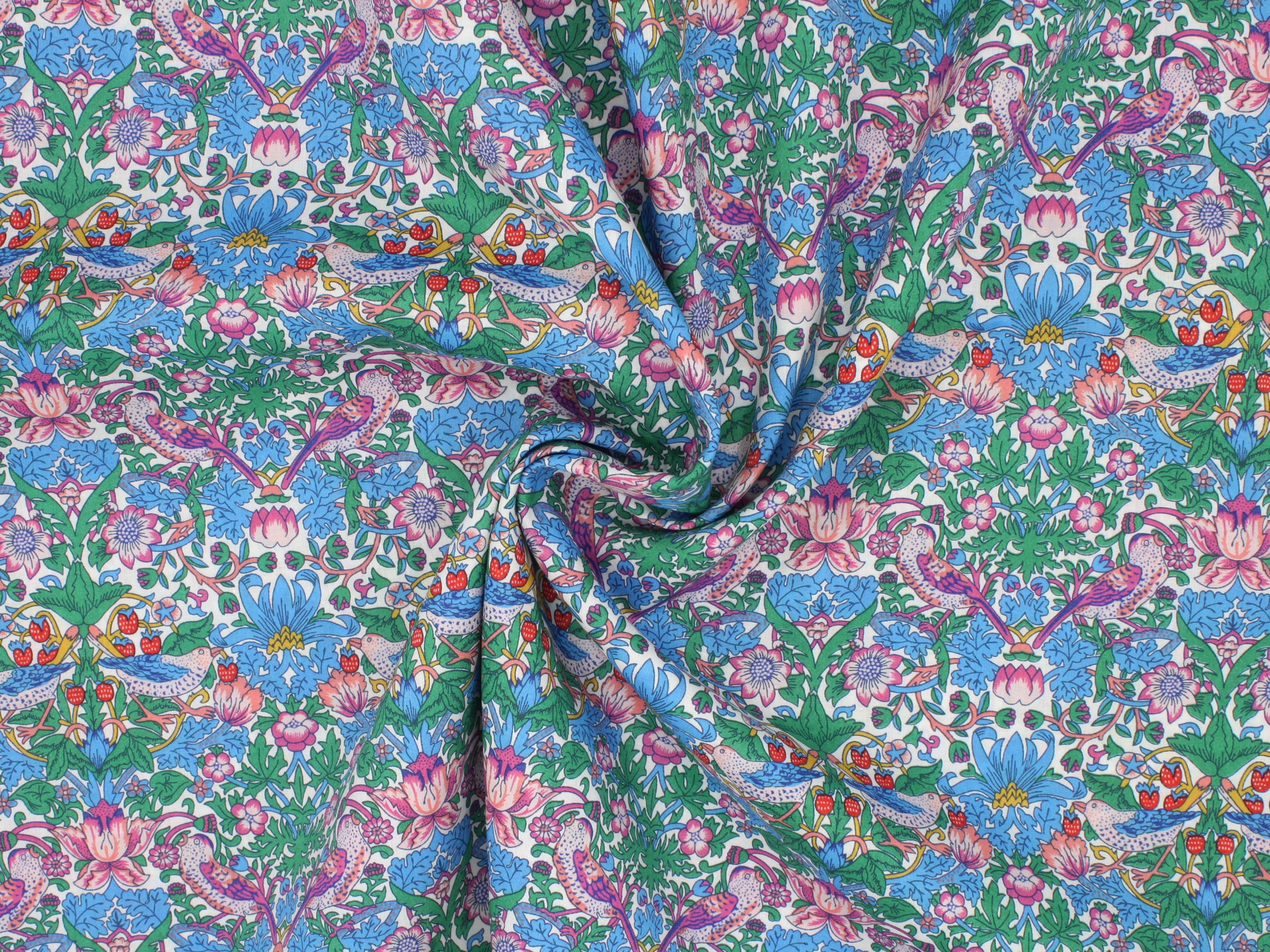 William Morris patterned fabric with a colourful design of flowers and birds | Liberty Fabrics - Strawberry Thief Spring F Tana Lawn™ Cotton | Holme & Moss