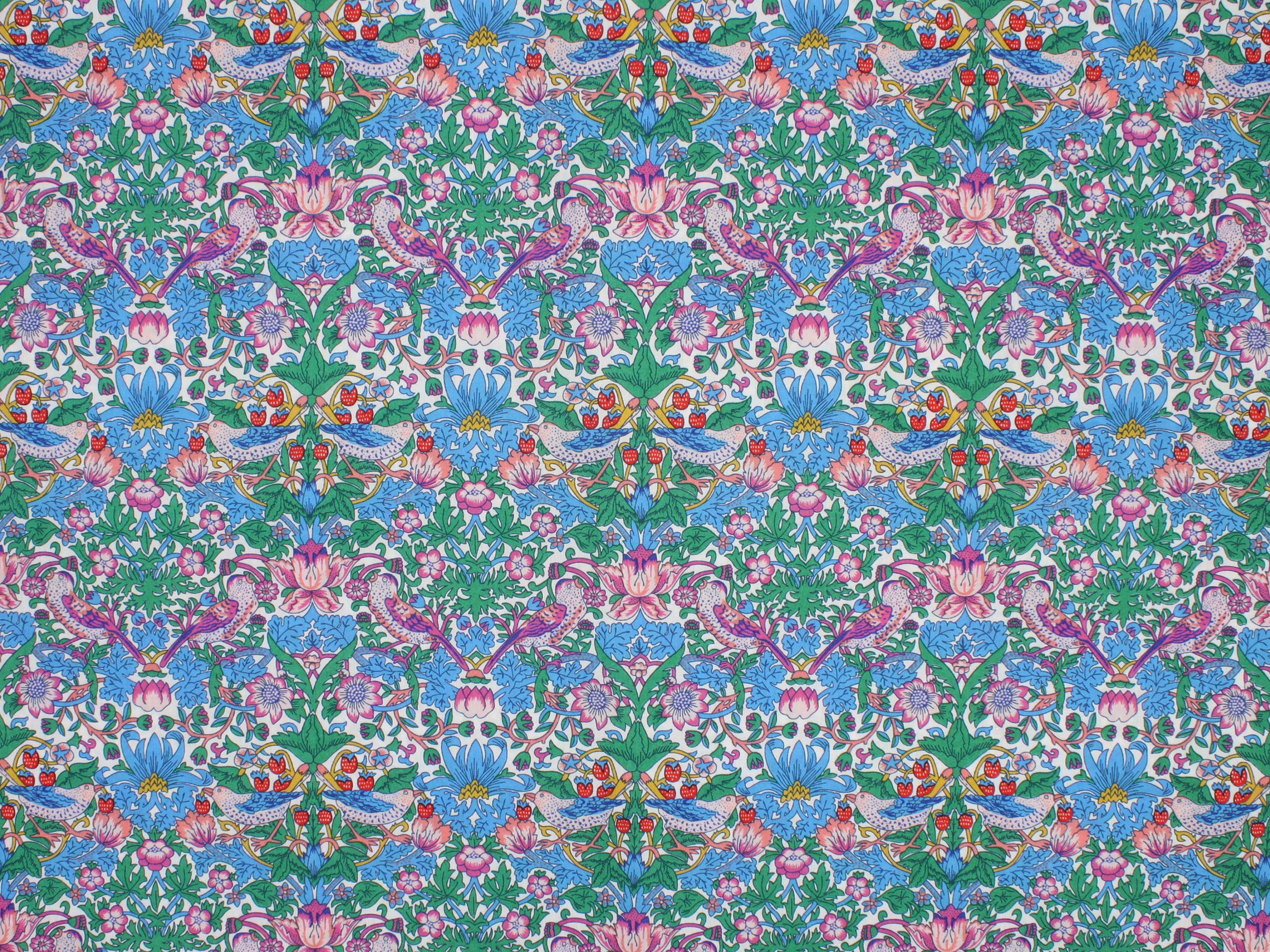 William Morris patterned fabric with a colourful design of flowers and birds | Liberty Fabrics - Strawberry Thief Spring F Tana Lawn™ Cotton | Holme & Moss