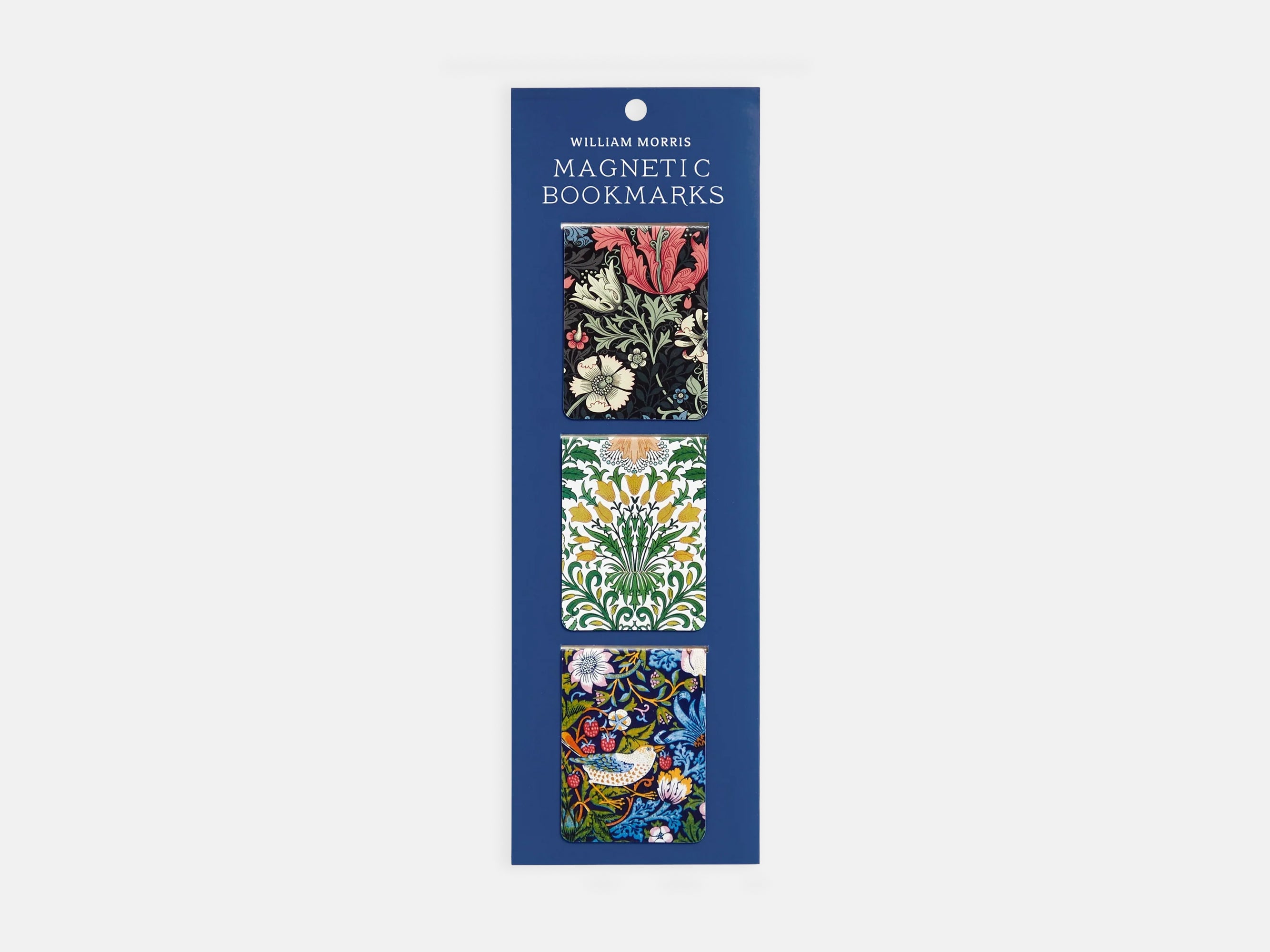 Pack of William Morris magnetic bookmarks with floral designs on a blue background | William Morris Magnetic Bookmarks | Holme & Moss