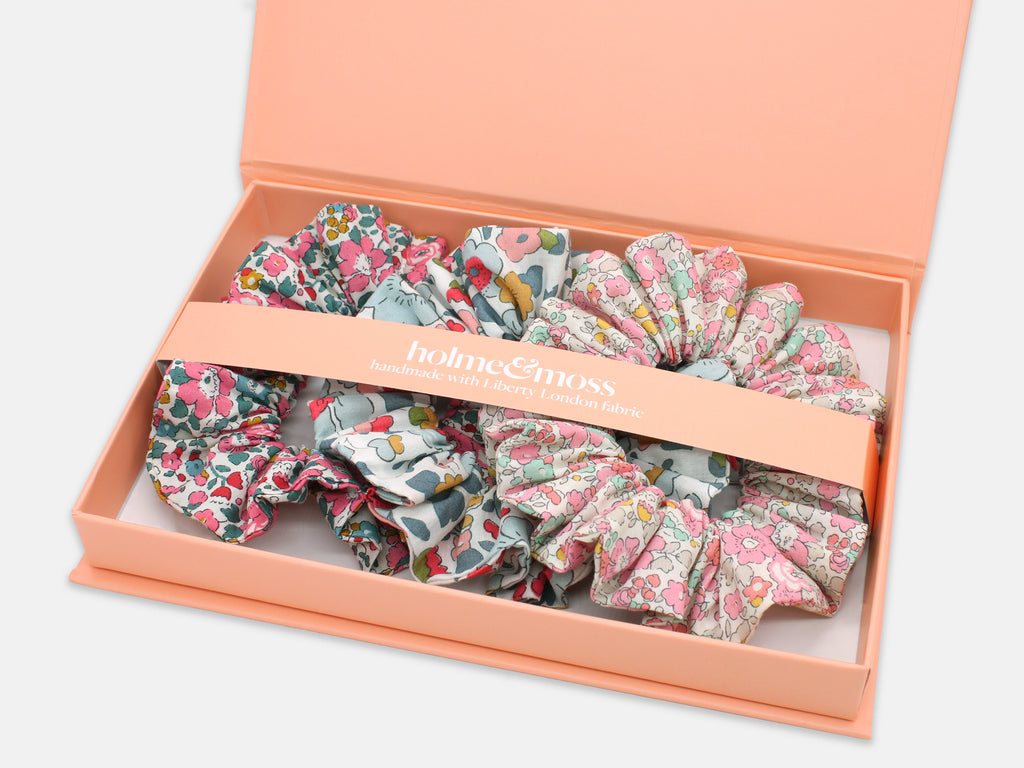 Liberty London Print Scrunchie Gift Box, Set of 3, Blooming Betsy Collection, Medium | Holme & Moss