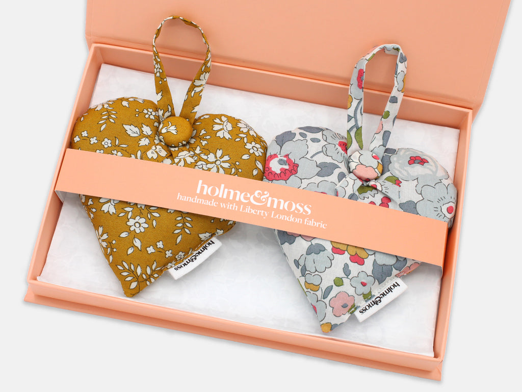 Liberty Print Lavender Heart Gift Box, Set of Two, English Mustard Collection | Holme & Moss